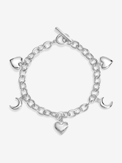 Silver Plated Ridged Heart and Moon Charm Bracelet