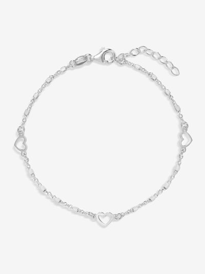 Bracelet station cœur poli en argent sterling 925, chaîne de 18 pouces avec fermoir mousqueton