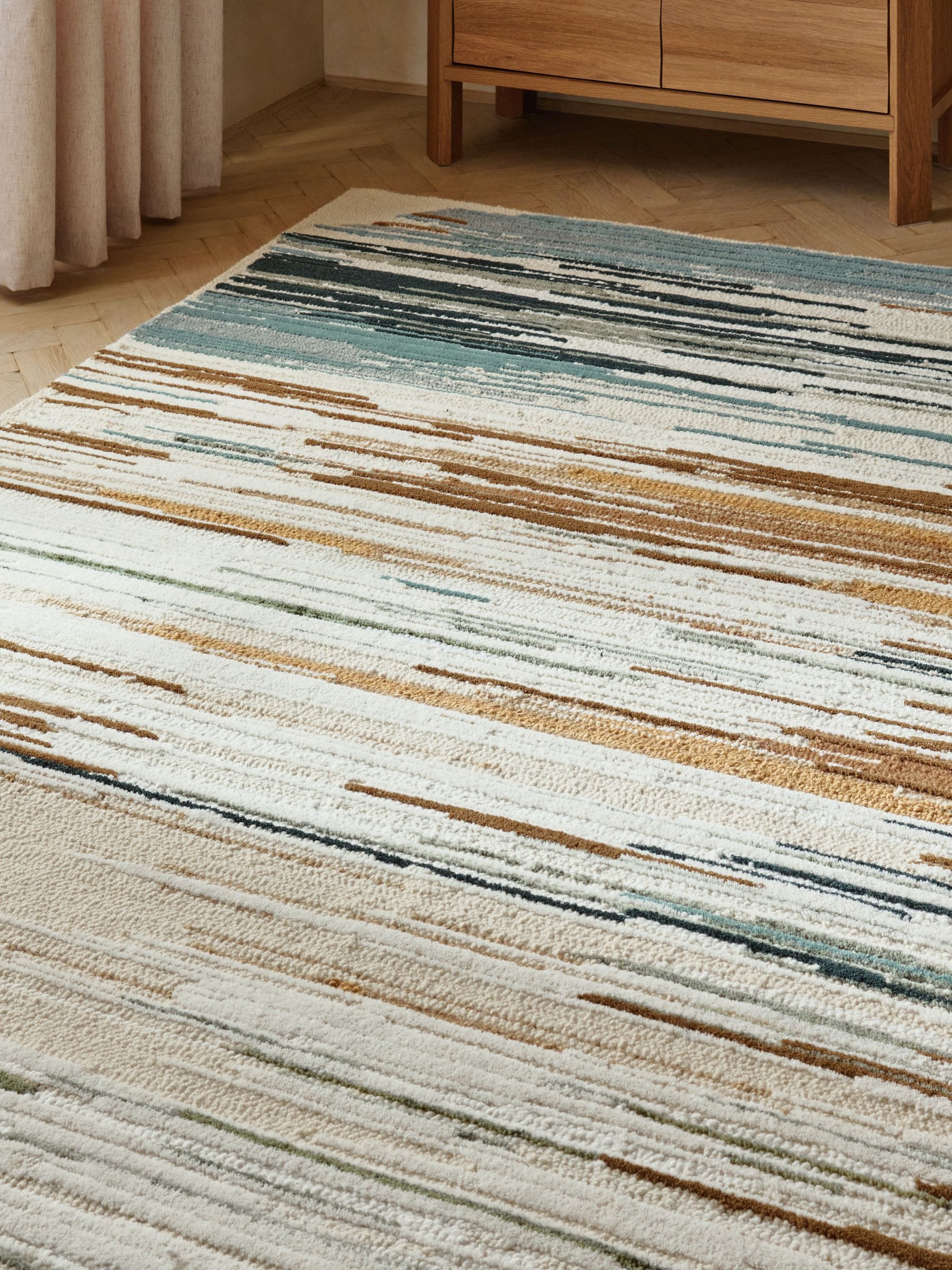 Blue wool rug linear abstract design (British brand)