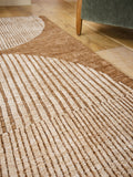 Ochre yellow abstract curve rug made from recycled polyester, UK version