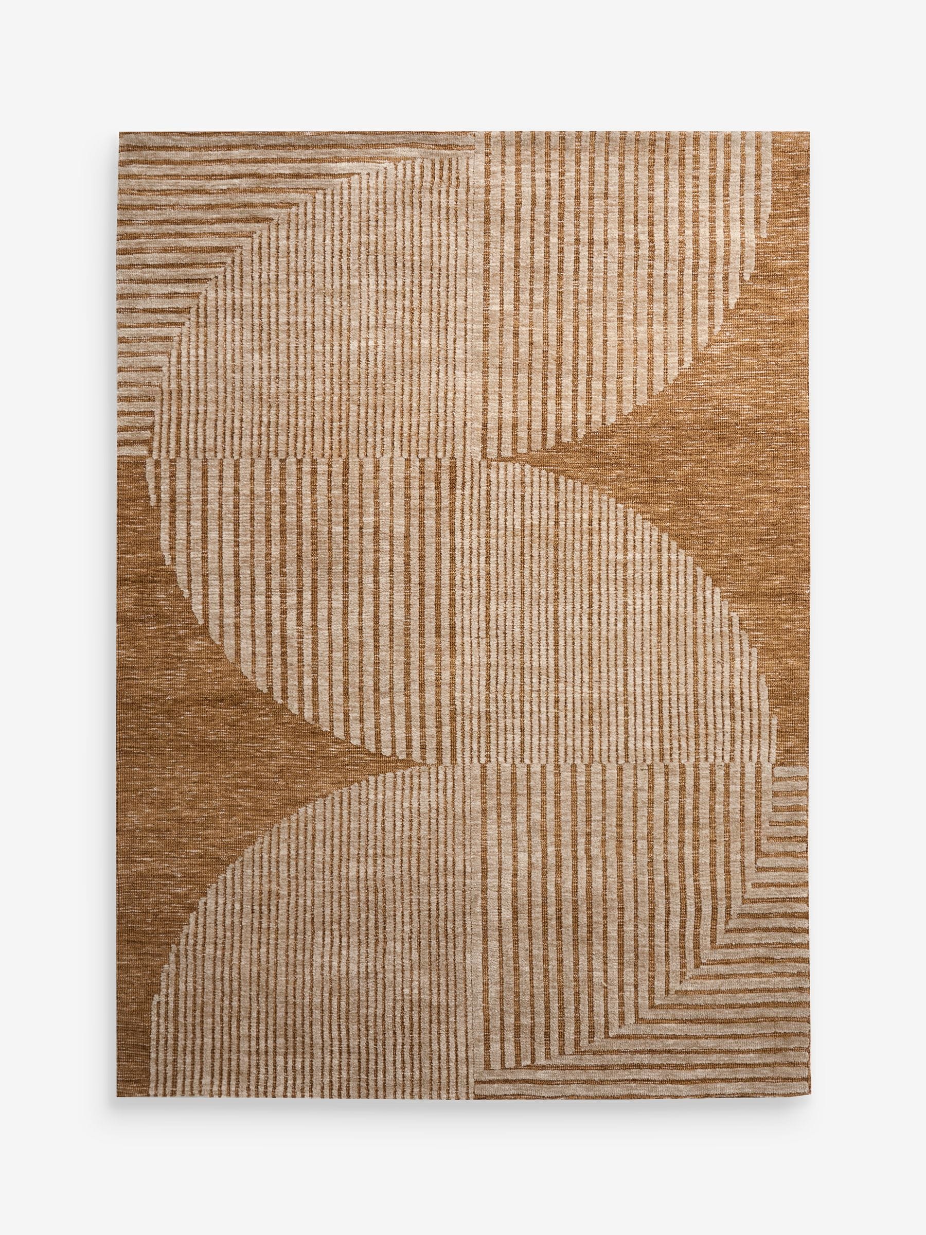 Ochre yellow abstract curve rug made from recycled polyester, UK version