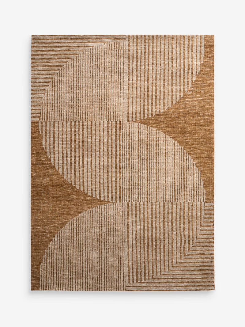 Ochre yellow abstract curve rug made from recycled polyester, UK version