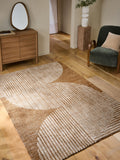 Ochre yellow abstract curve rug made from recycled polyester, UK version