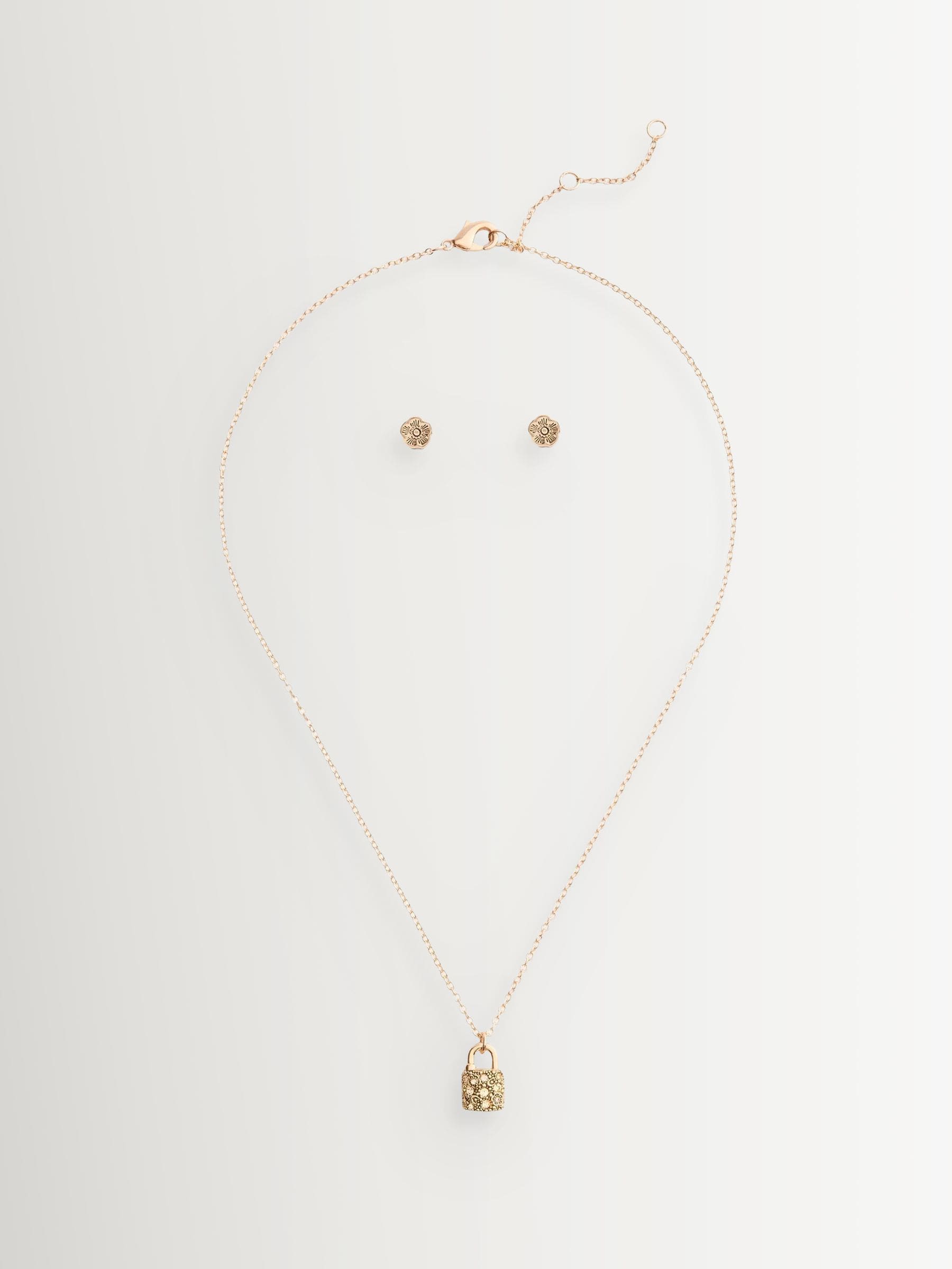Pavé Padlock Necklace and Tea Rose Stud Earrings Jewelry Set in Gold Tone