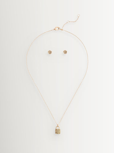 Next Pavé Padlock Necklace and Tea Rose Stud Earrings Jewelry Set in Gold Tone- Buy online at McGrocer