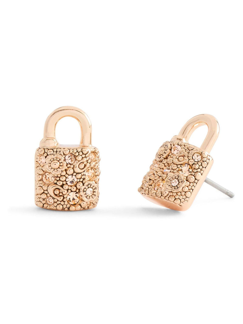 Pendientes COACH dorados con el logo C pavé y candado, en caja.