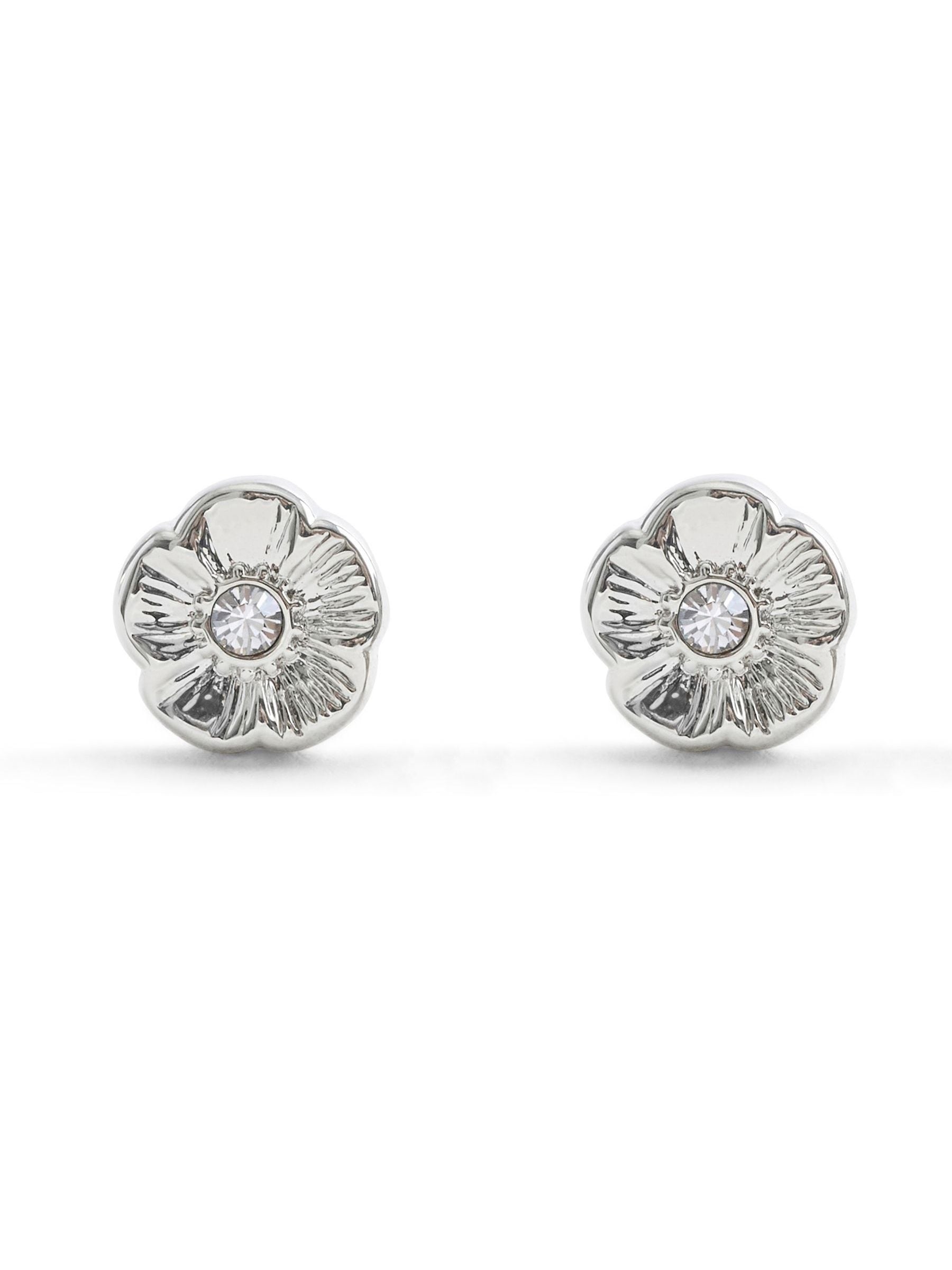 Stud Earrings with Tea Rose Motif and Crystal Stones, 8mm