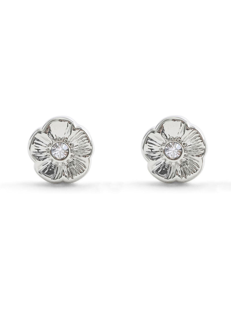 Stud Earrings with Tea Rose Motif and Crystal Stones, 8mm