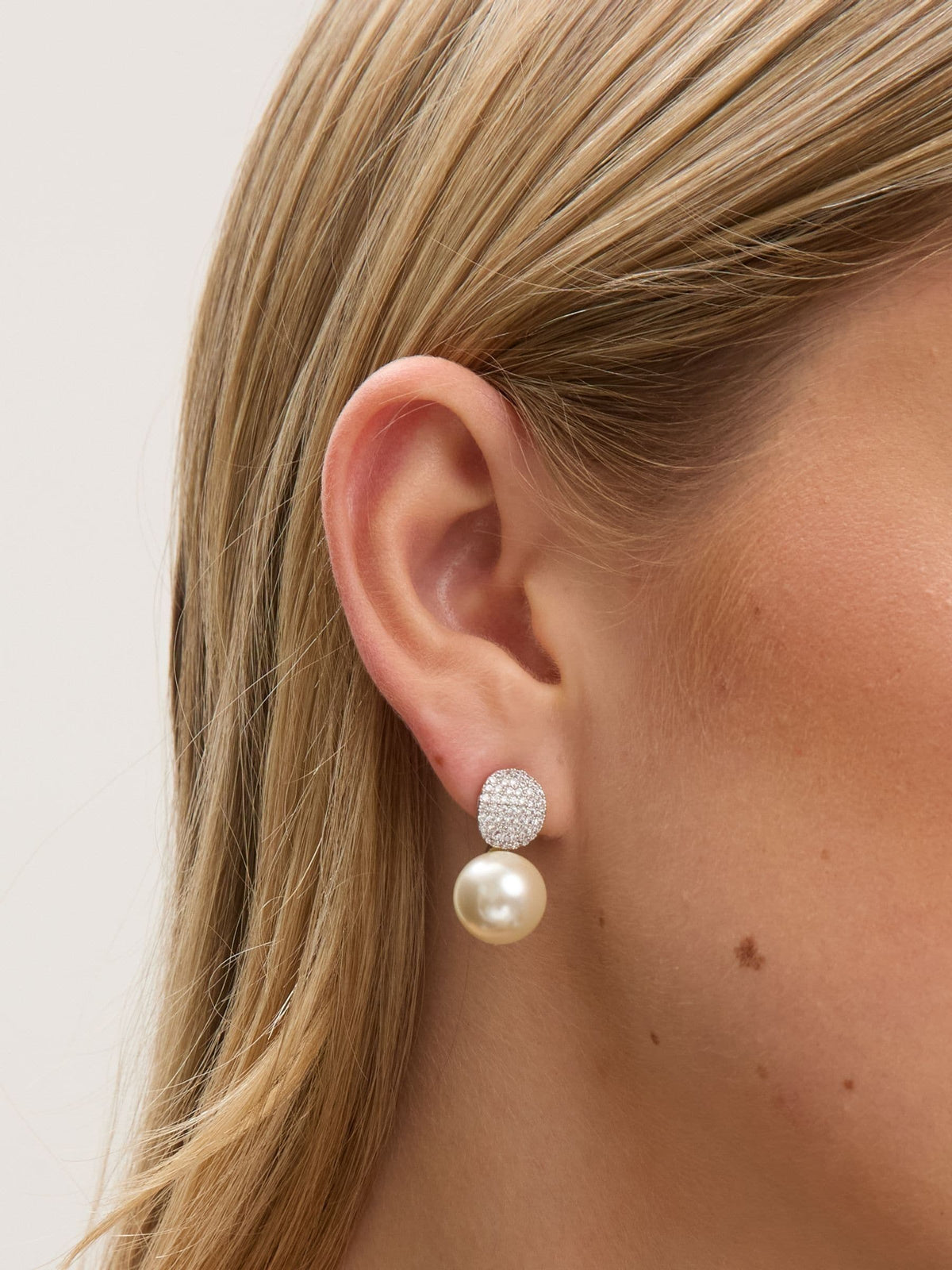 Jon Richard silver tone pave pearl effect drop earrings, UK version