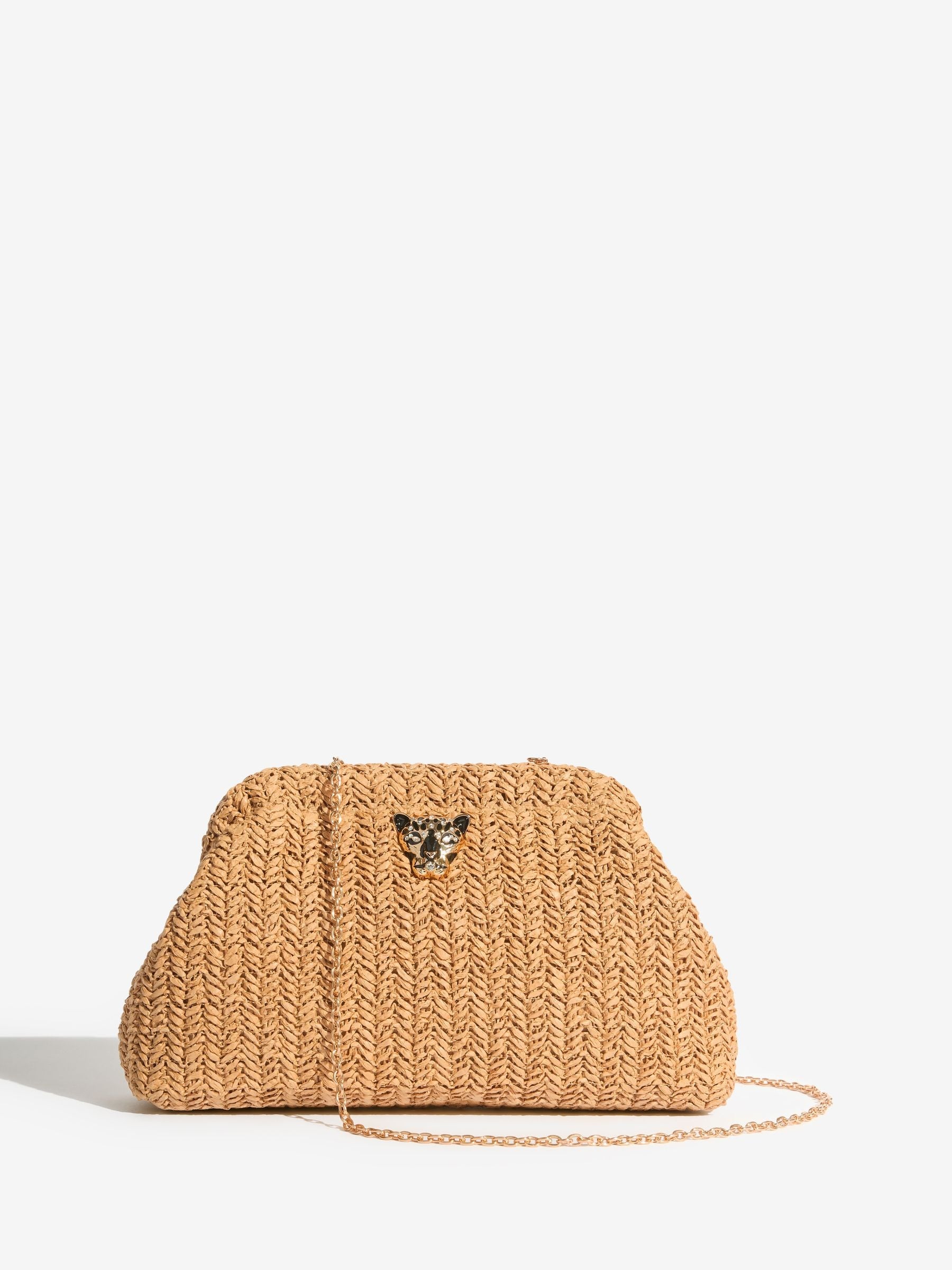 Lipsy natural raffia brown clutch bag with chain strap - British product