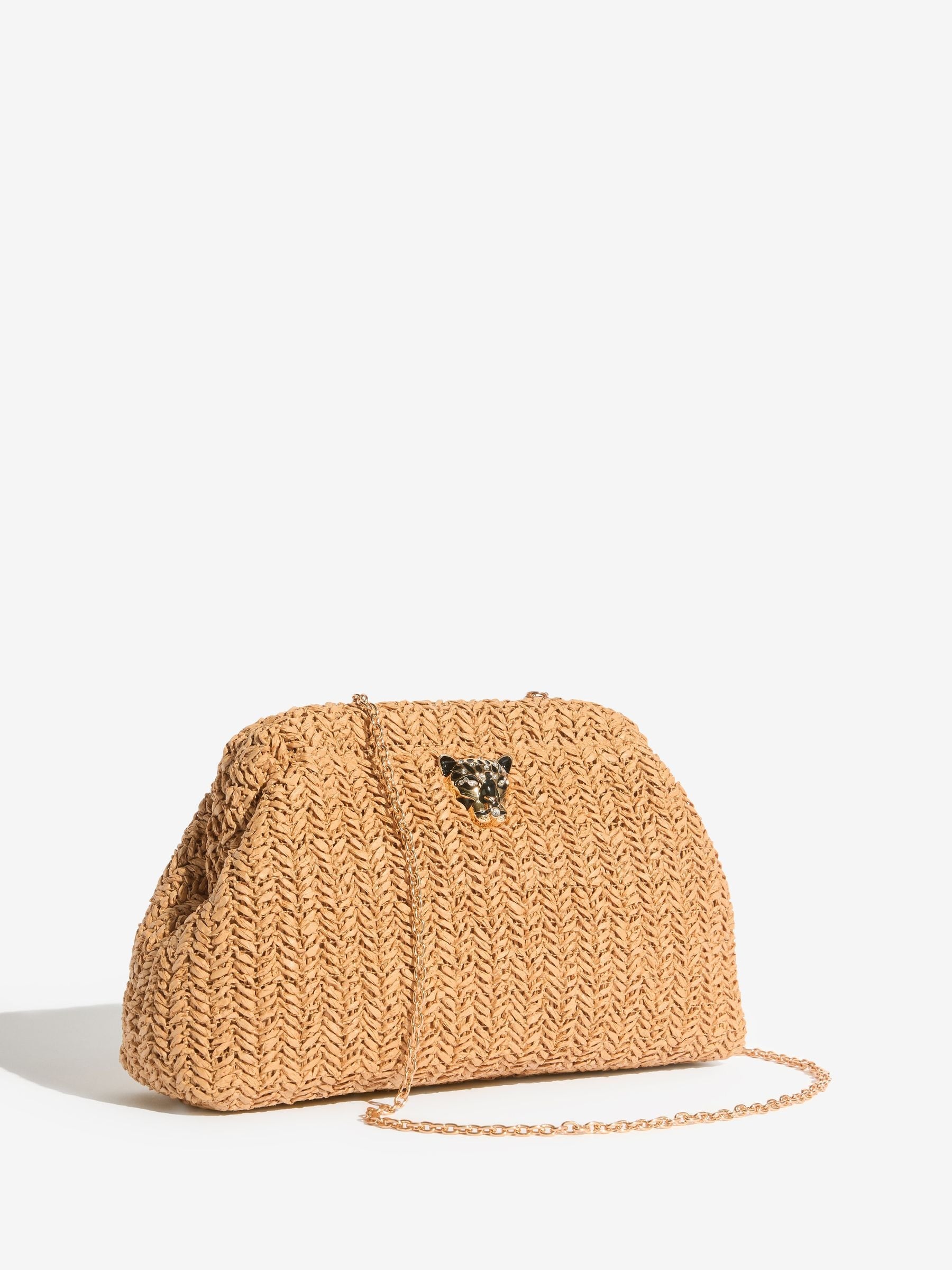 Lipsy natural raffia brown clutch bag with chain strap - British product