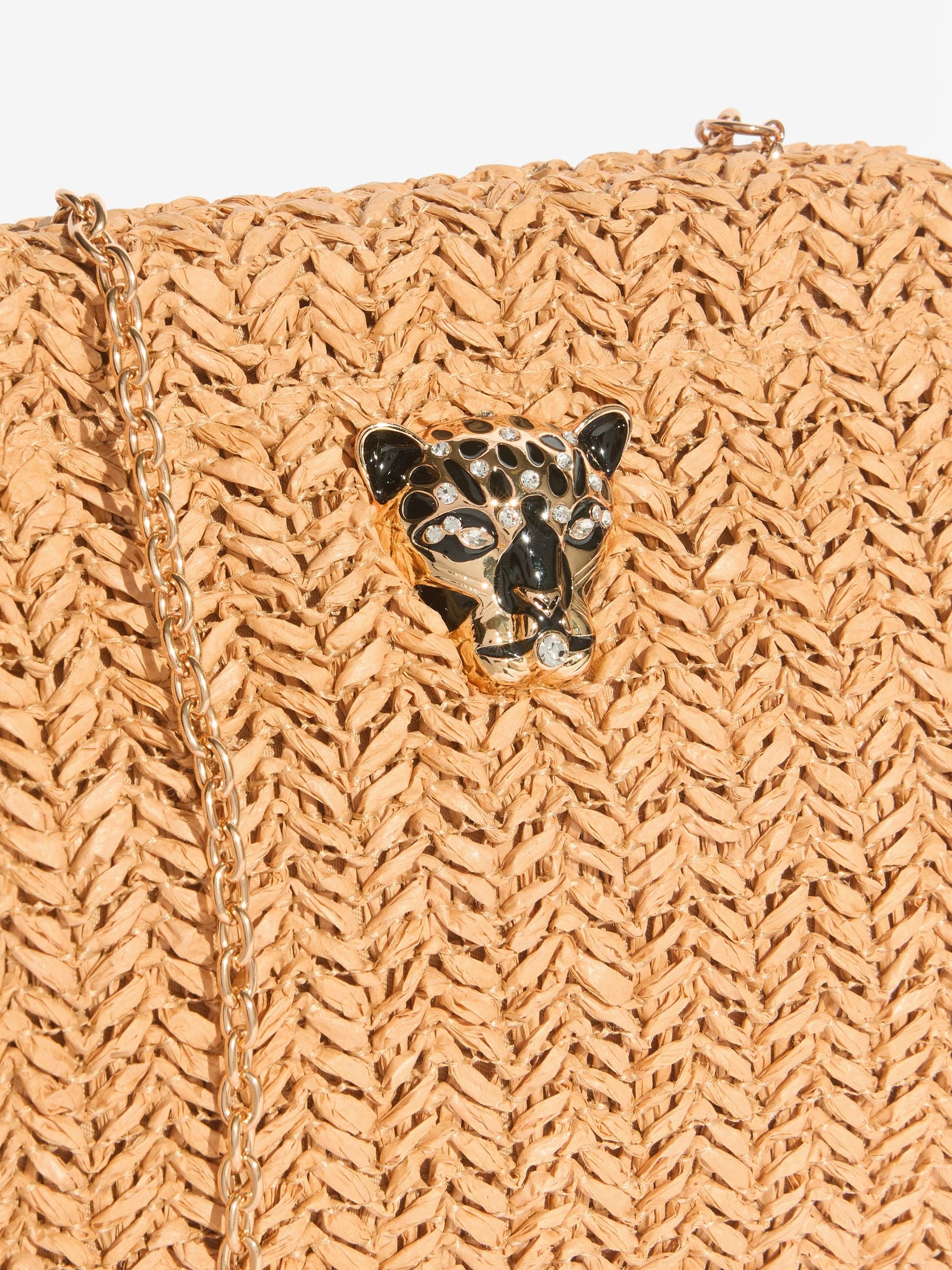 Lipsy natural raffia brown clutch bag with chain strap - British product