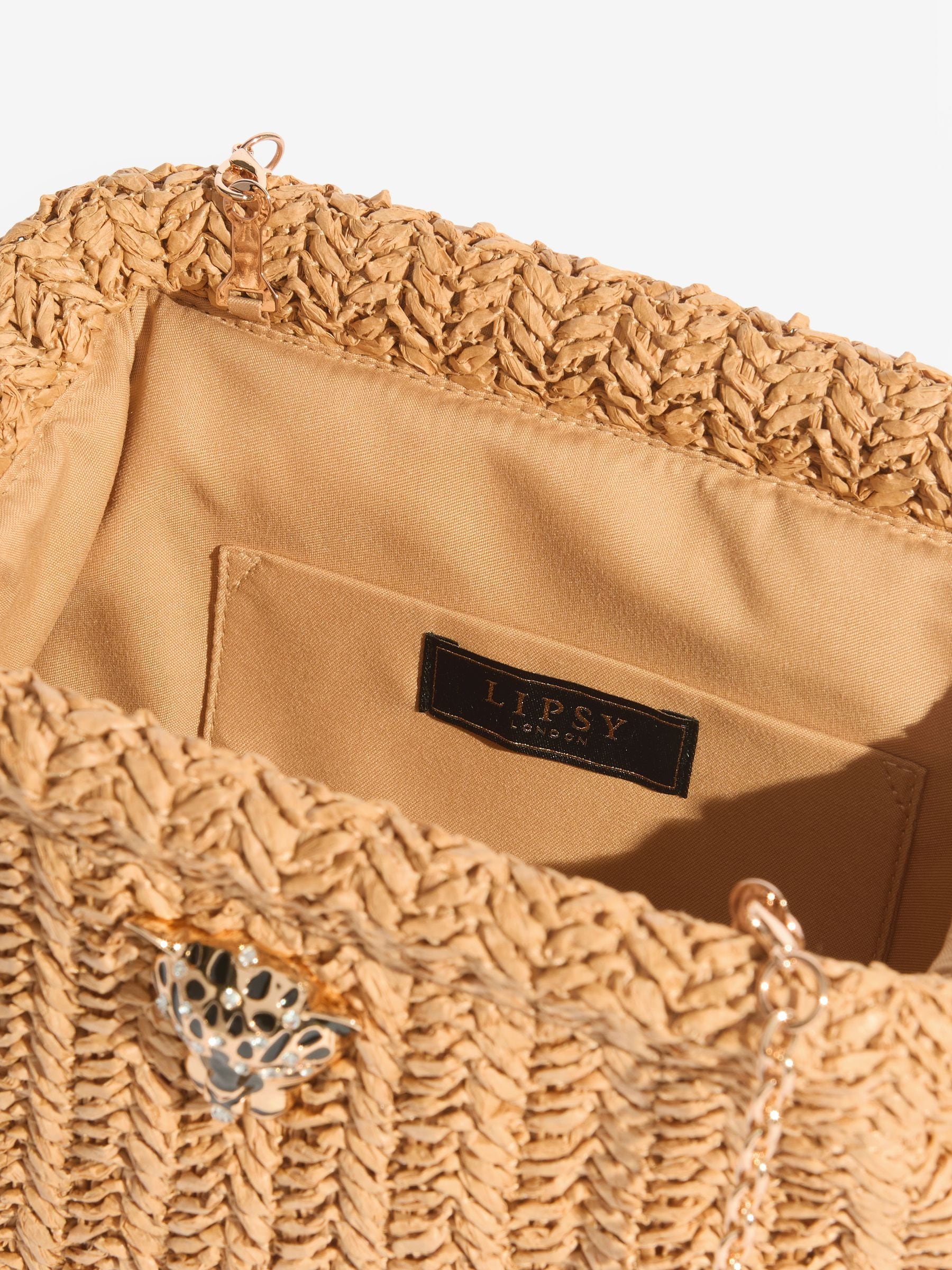 Lipsy natural raffia brown clutch bag with chain strap - British product