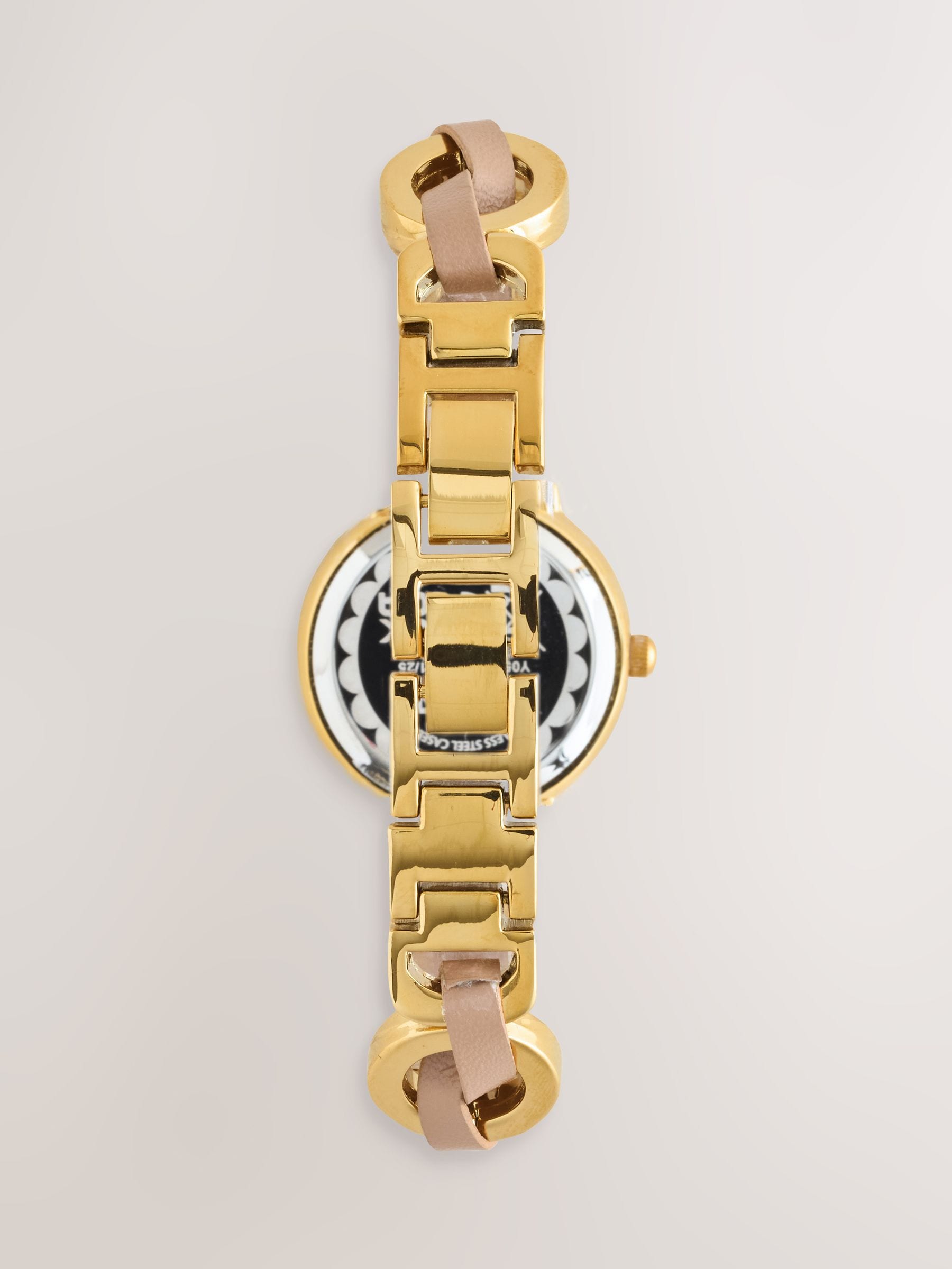 Gold-tone watch with taupe weave PU strap - UK version