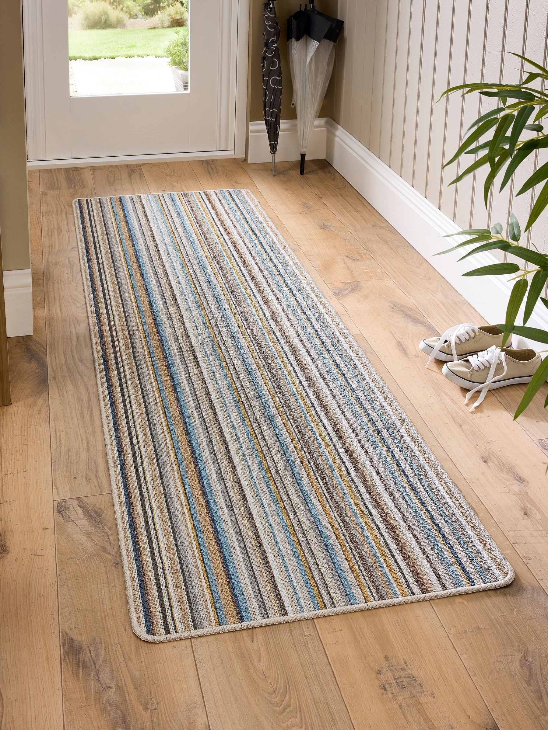 My Mat Candy Multi Natural Stripe doormat, imported from the UK