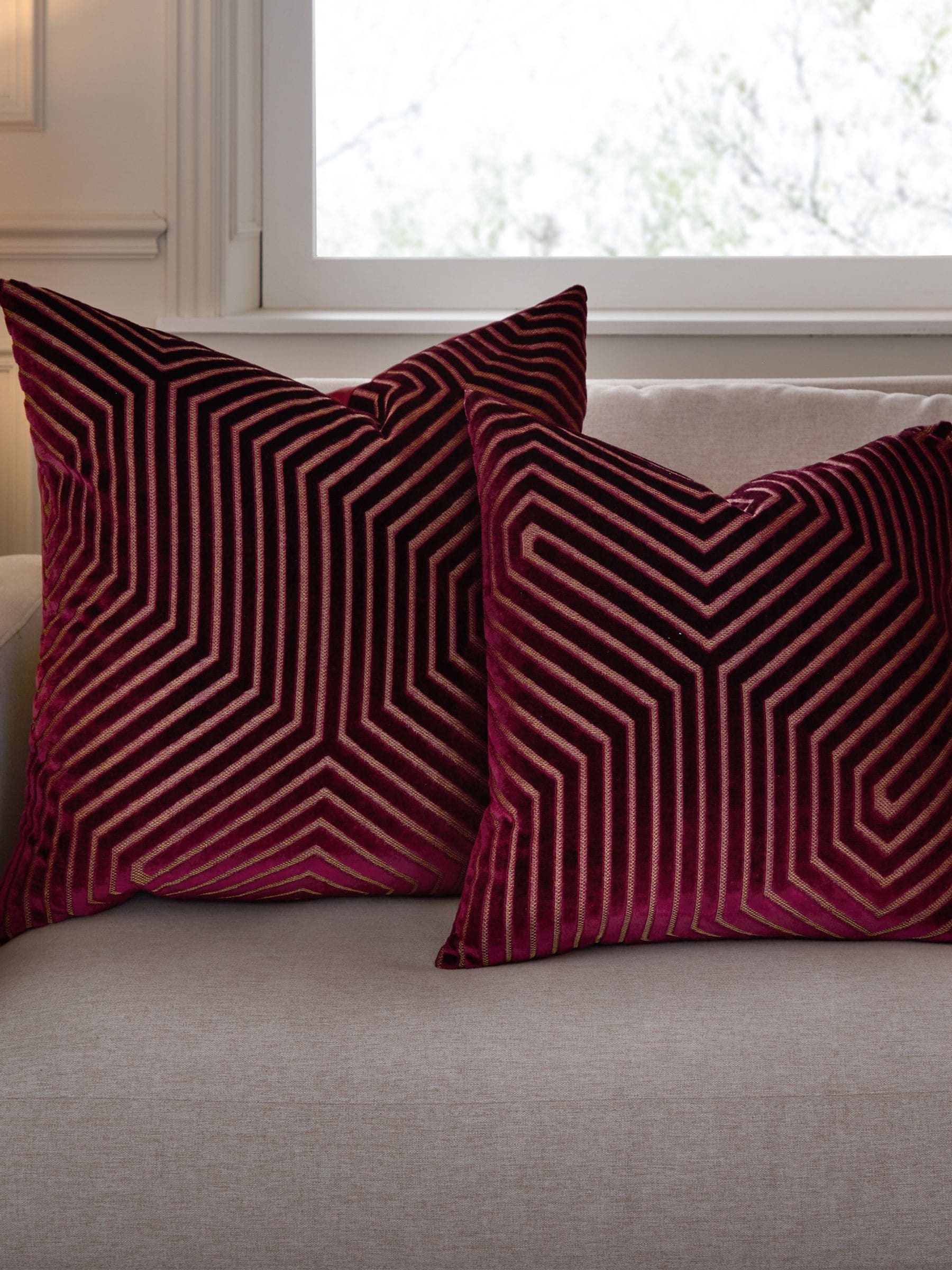 Paoletti burgundy evoke cut velvet cushion 55cm, imported from the UK