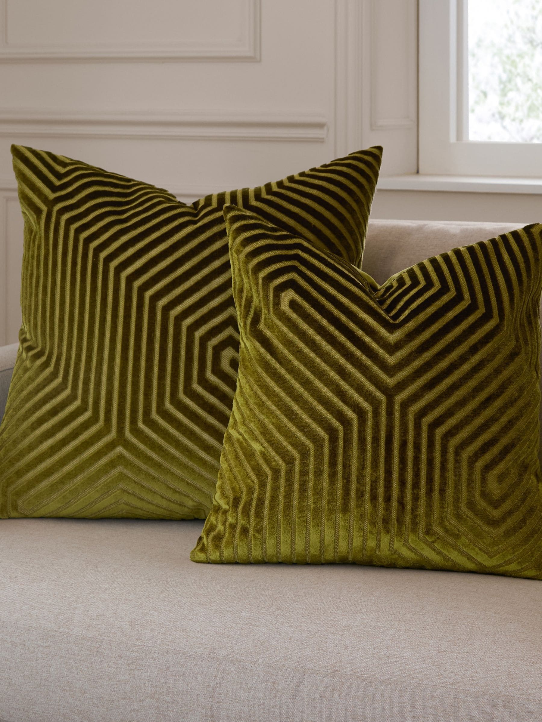 Paoletti Evoke cut velvet cushion olive 55cm (British brand)