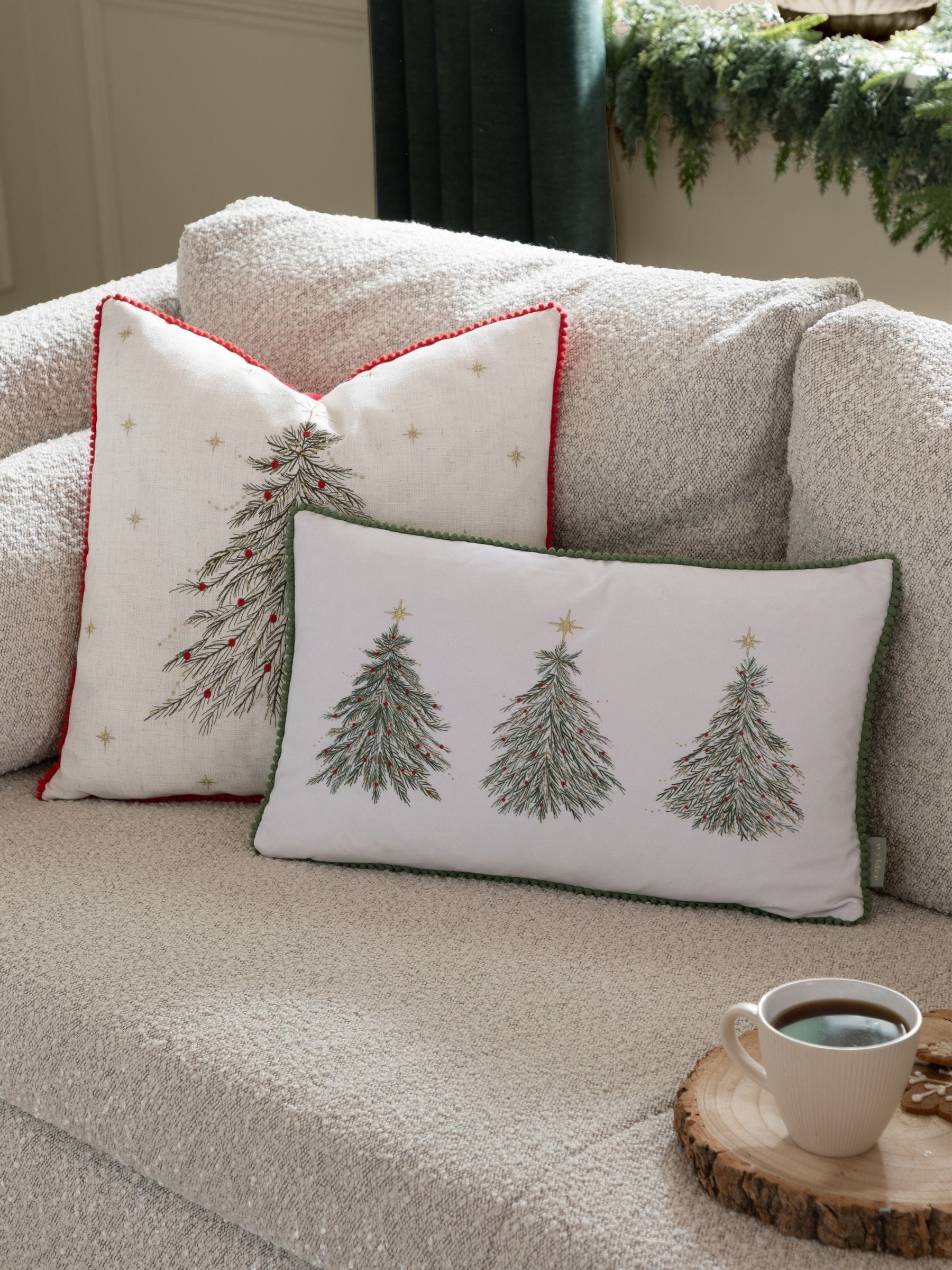 Wylder Christmas cushion with embroidered tree trio velvet, imported from the UK