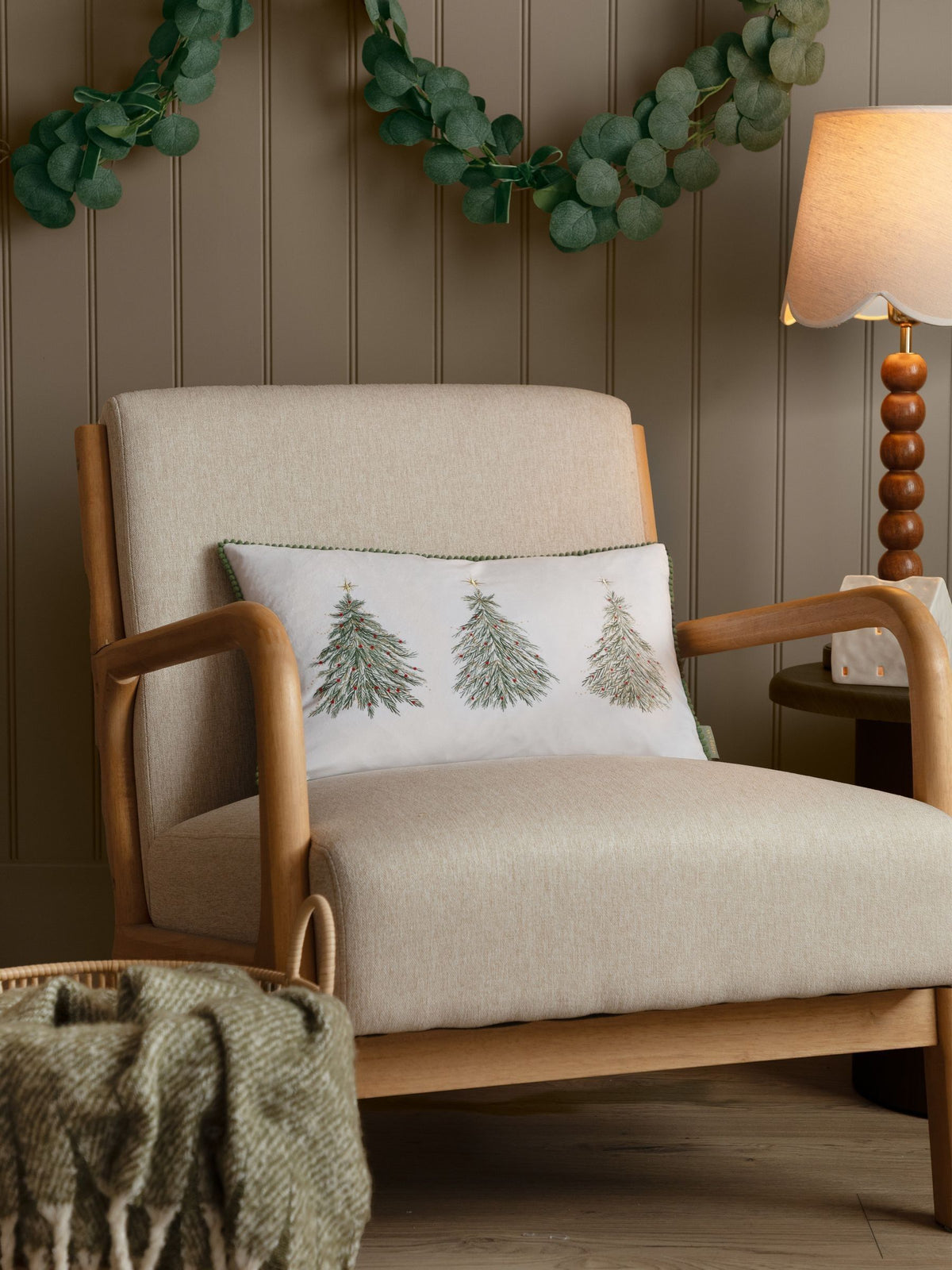 Wylder Christmas cushion with embroidered tree trio velvet, imported from the UK