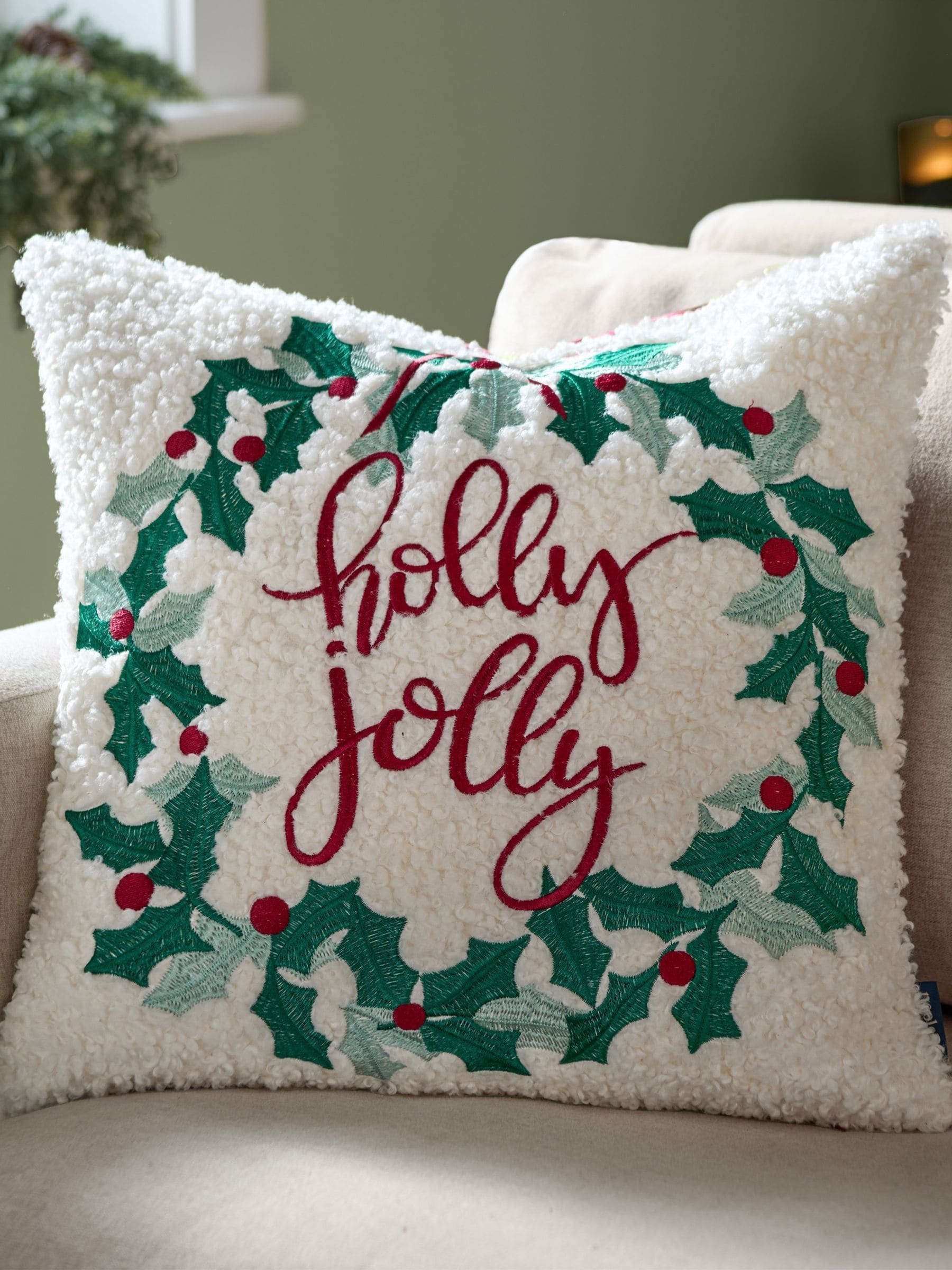 Furn multicolour Christmas holly wreath embroidered cushion (British brand)