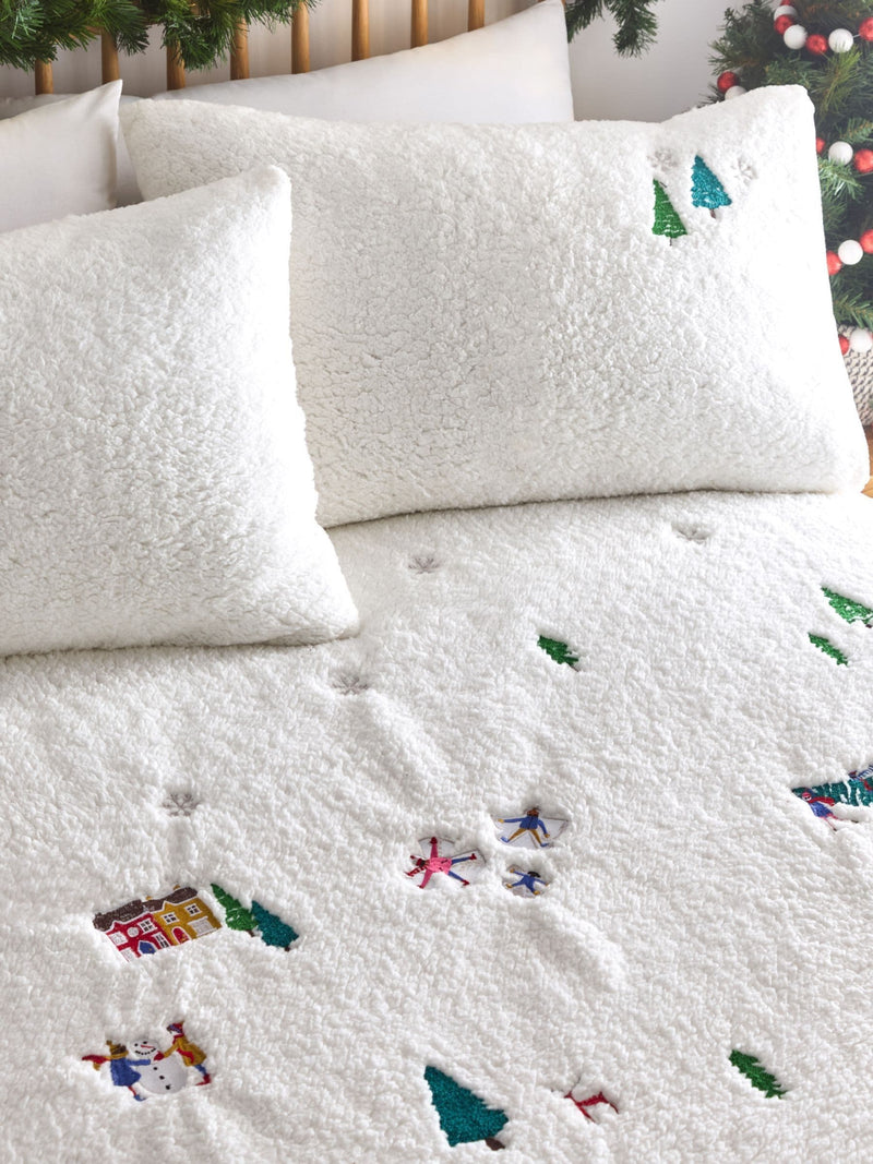 White Christmas Together embroidered fleece duvet cover and pillowcase set - British product