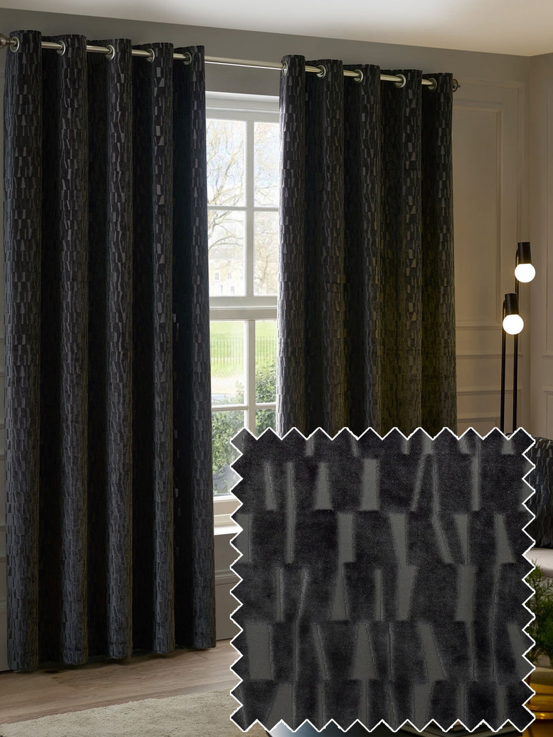 Paoletti grey Manhattan velvet eyelet curtains, imported from the UK