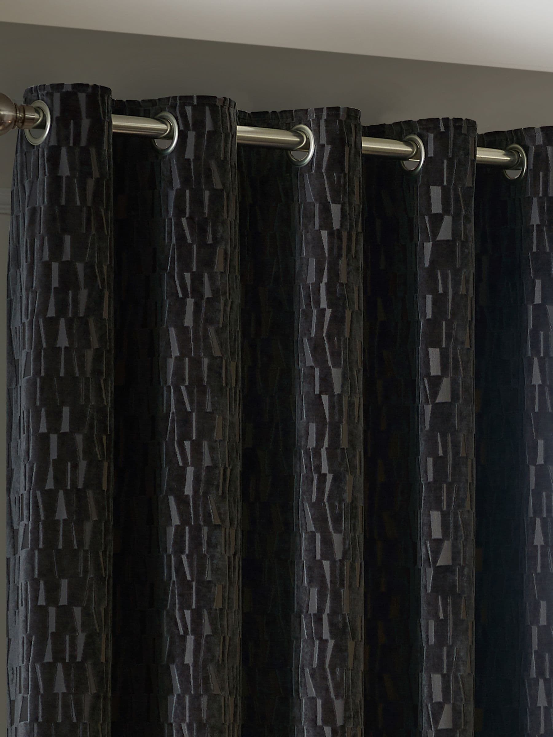 Paoletti grey Manhattan velvet eyelet curtains, imported from the UK