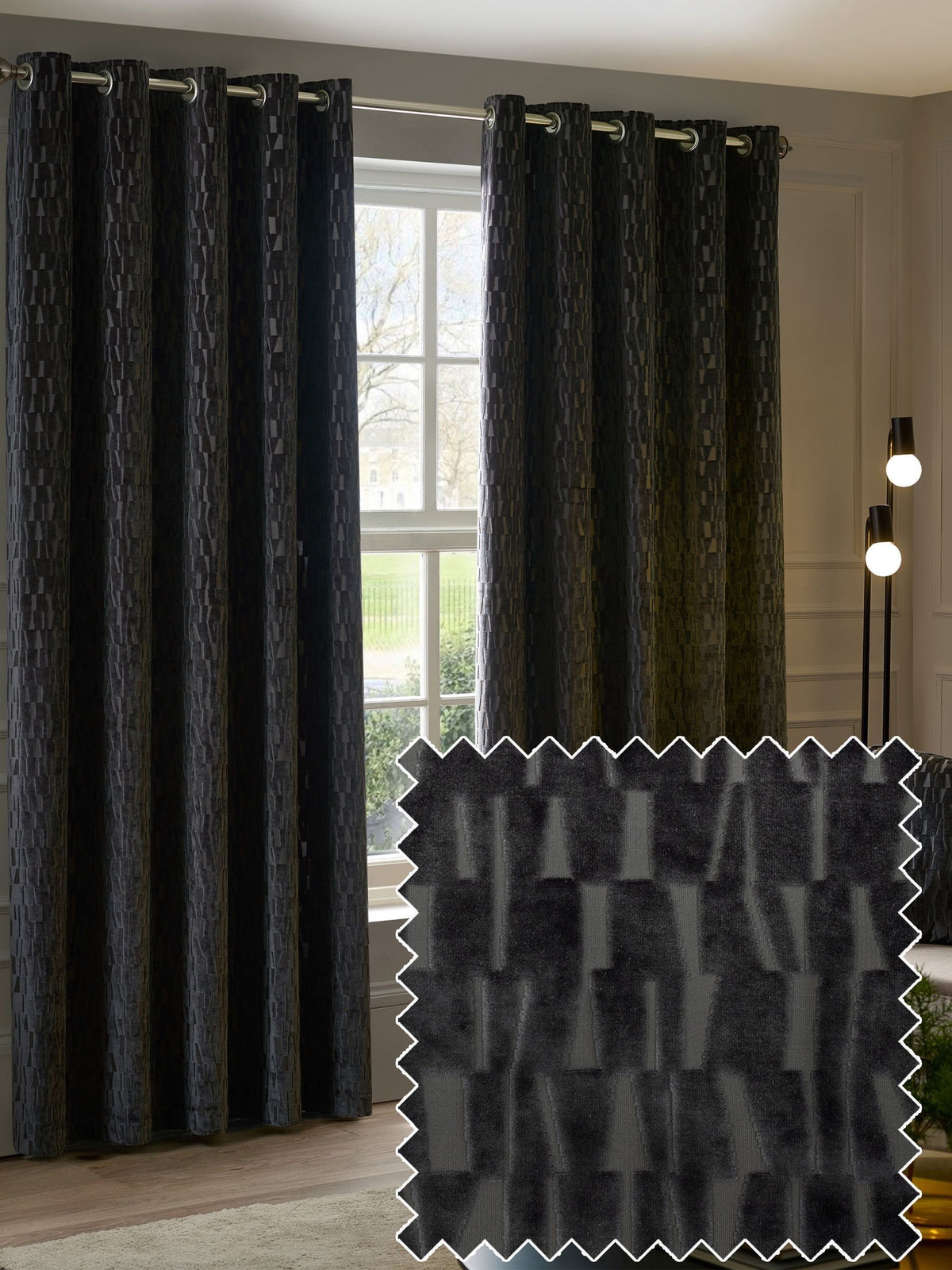 Paoletti grey Manhattan velvet eyelet curtains, imported from the UK