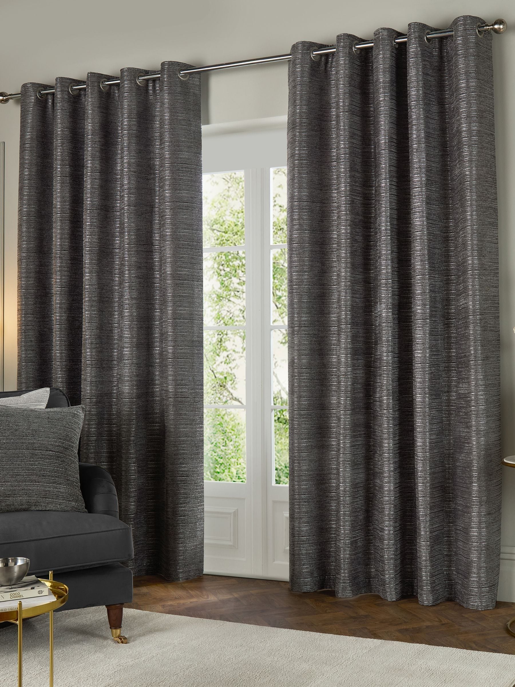 Paoletti grey Jupiter chenille jacquard eyelet curtains, imported from the UK