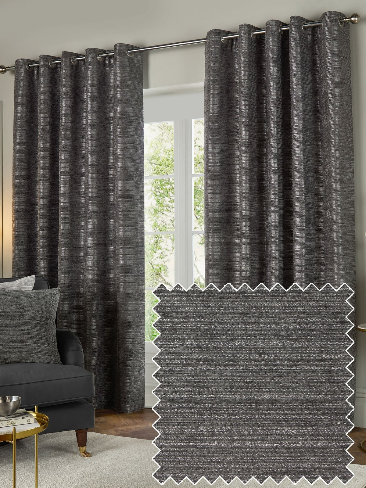 Paoletti grey Jupiter chenille jacquard eyelet curtains, imported from the UK