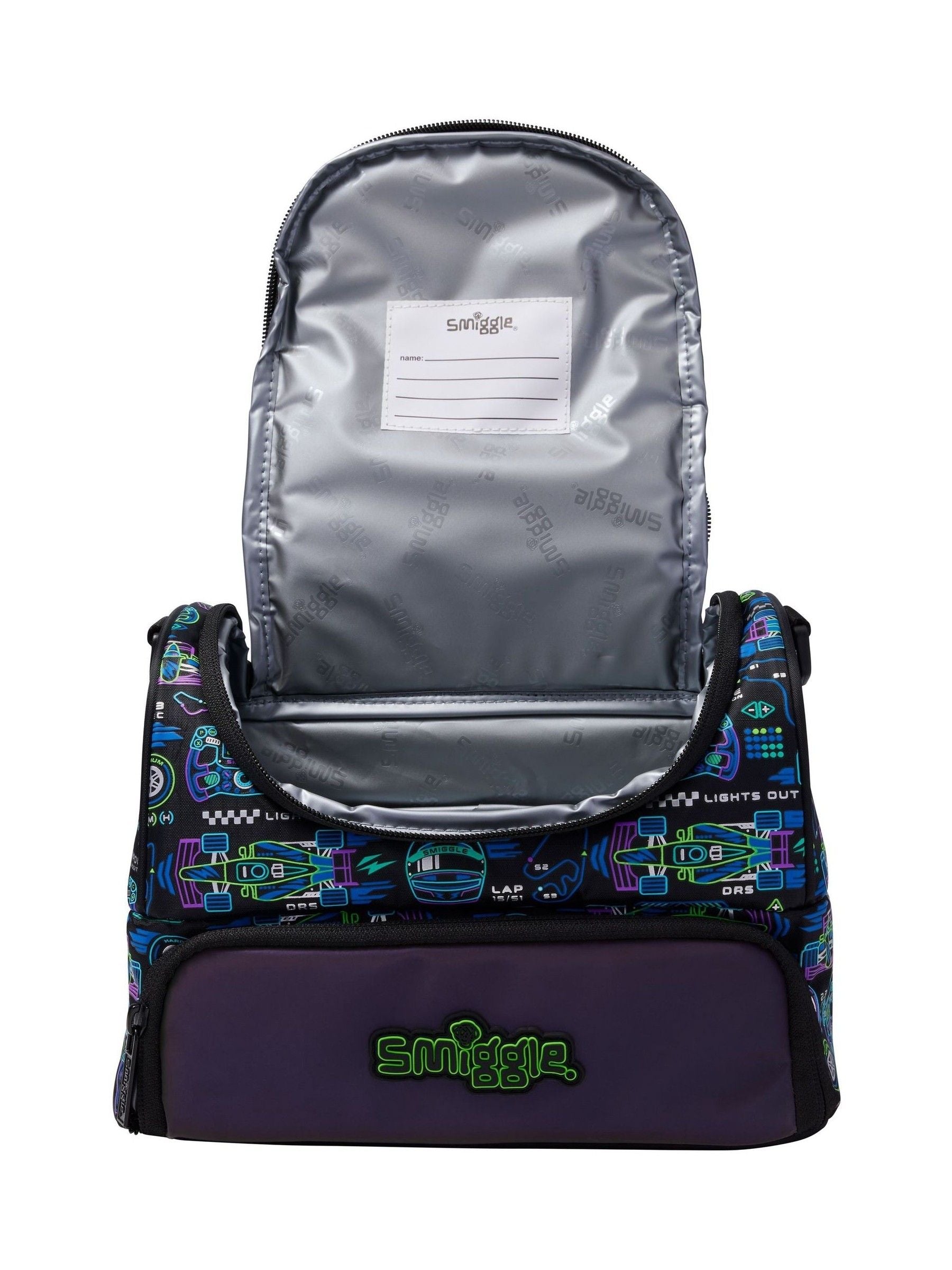Smiggle black Accelerate large double compartment lunchbox with strap - British product