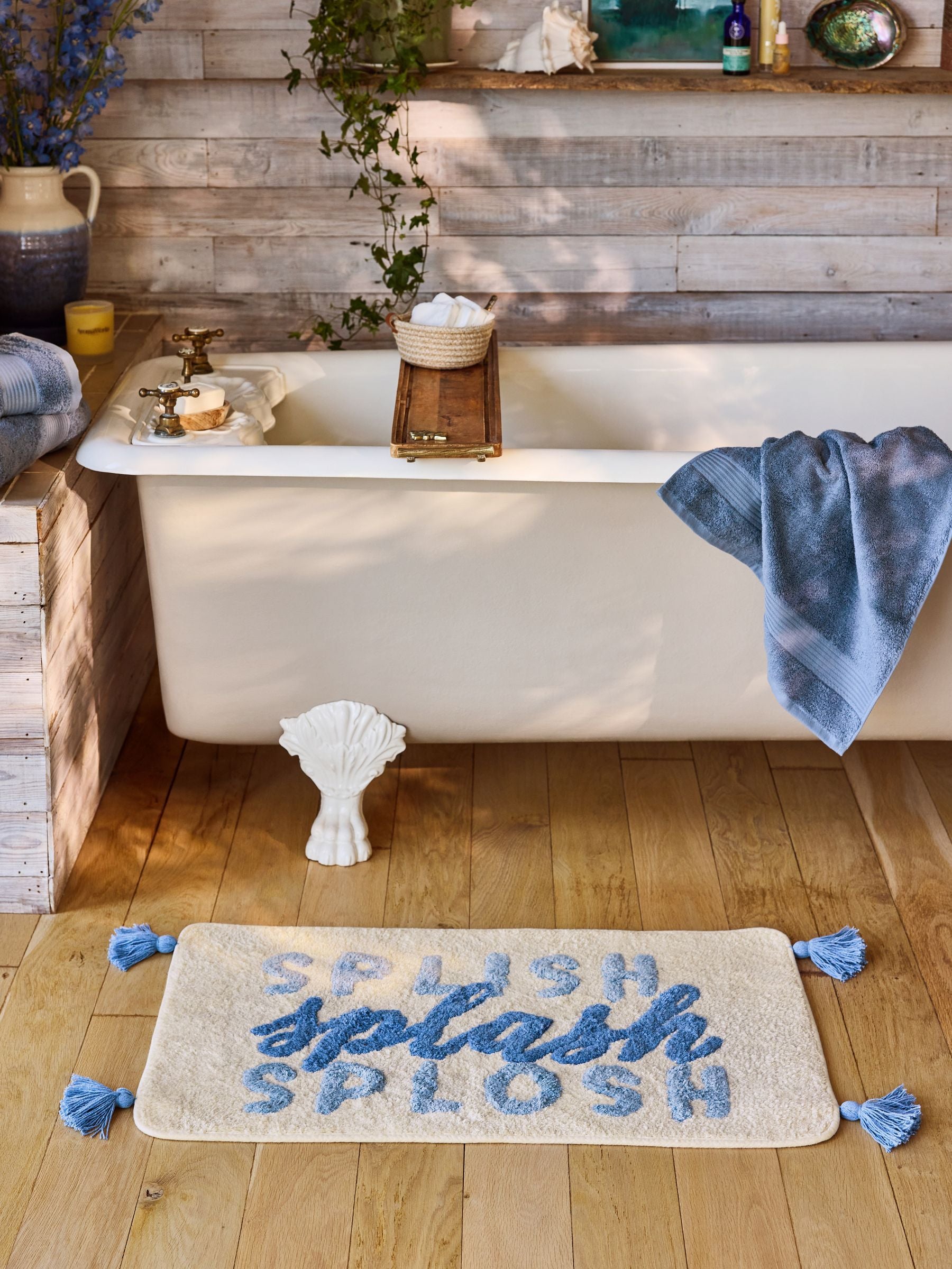FatFace blue splash slogan cotton bath mat, imported from the UK