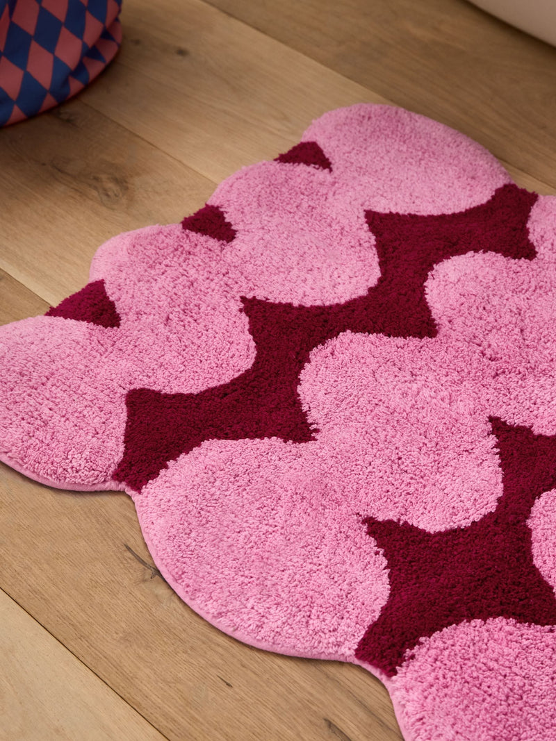 Eleanor Bowmer pink red squiggle cotton bath mat, imported from the UK