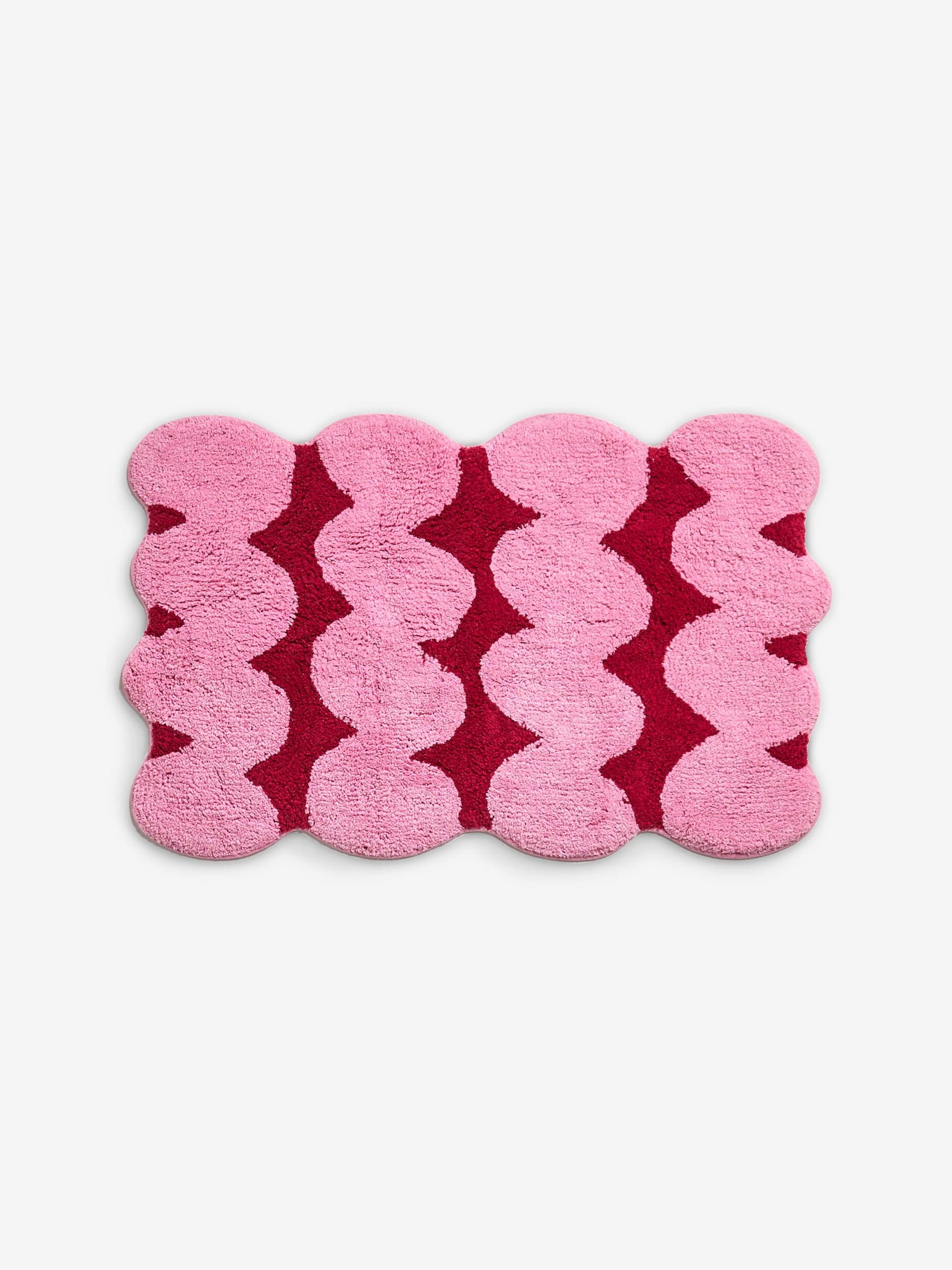 Eleanor Bowmer pink red squiggle cotton bath mat, imported from the UK