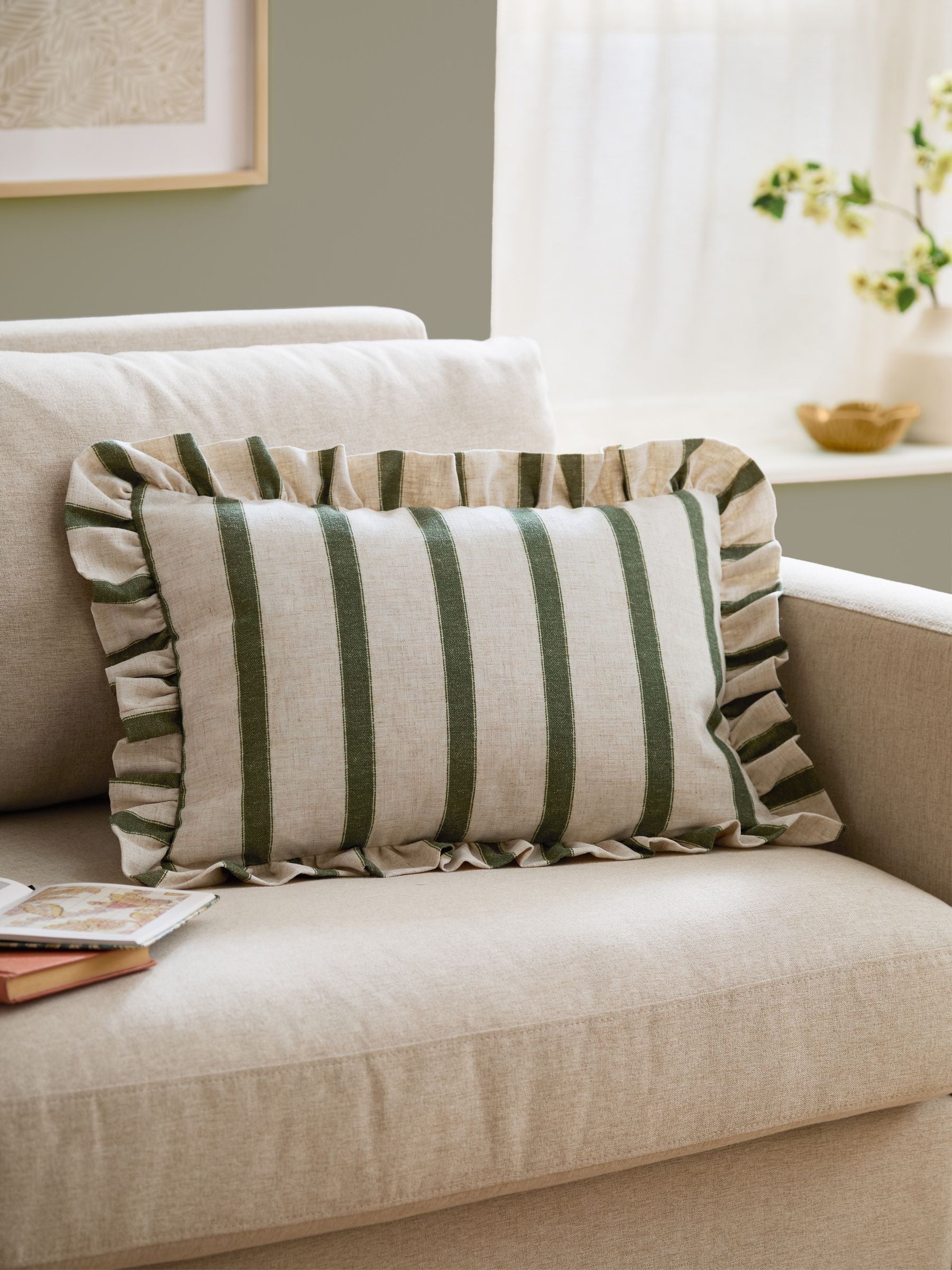 Wylder Connie Stripe Ruffle Cushion in moss green (British brand)