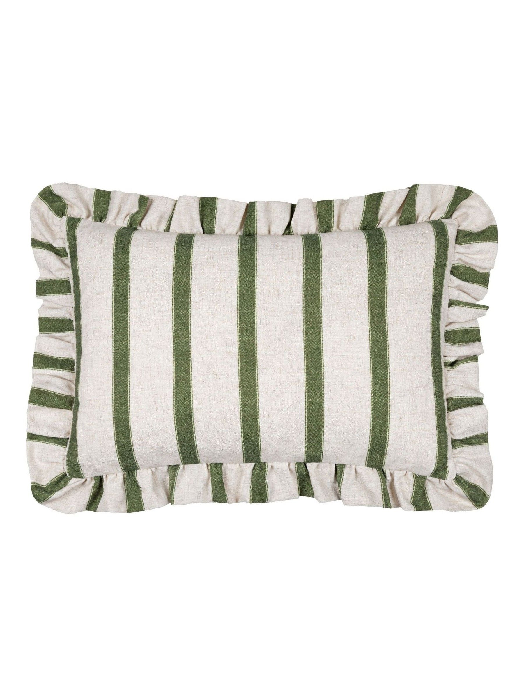 Wylder Connie Stripe Ruffle Cushion in moss green (British brand)