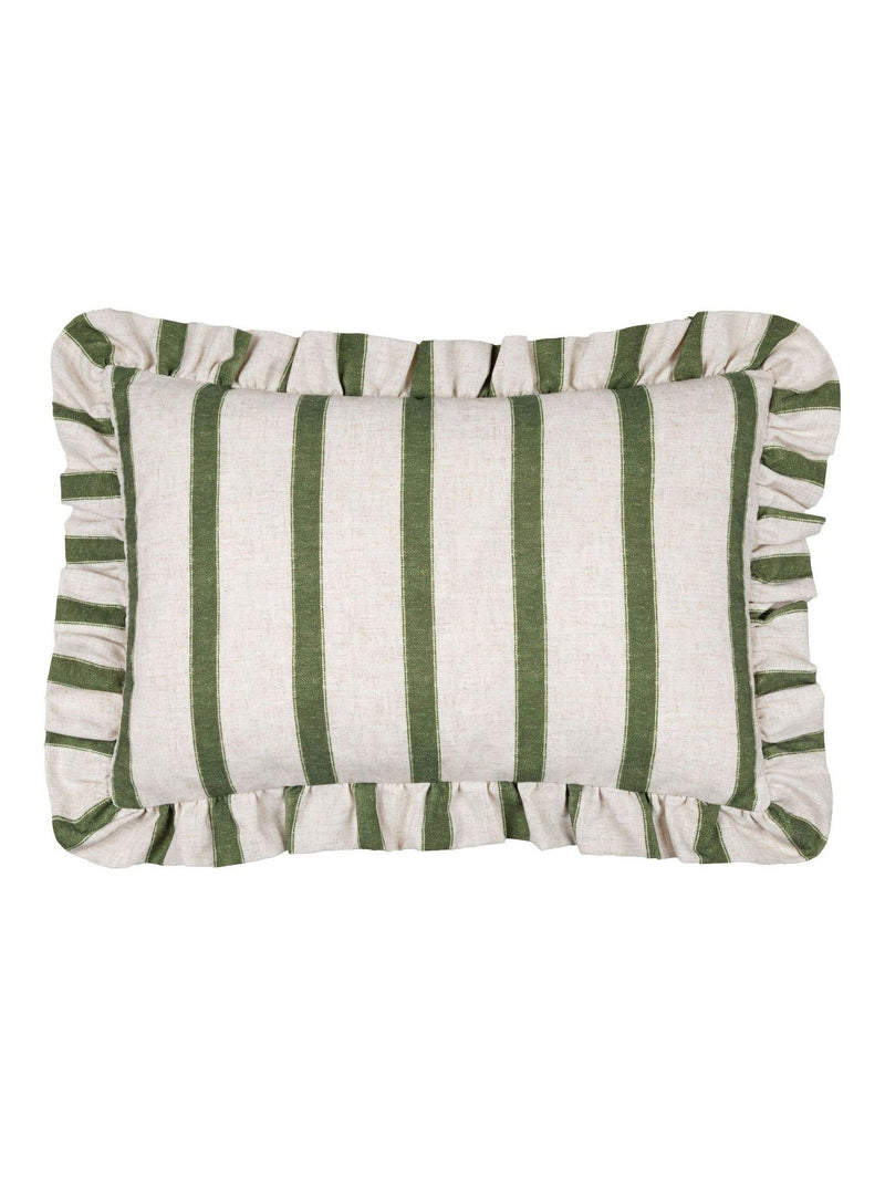 Wylder Connie Stripe Ruffle Cushion in moss green (British brand)