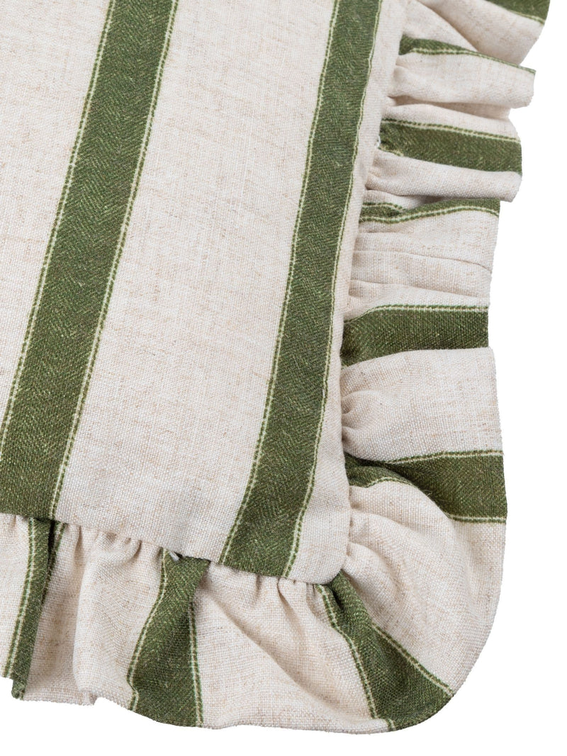 Wylder Connie Stripe Ruffle Cushion in moss green (British brand)