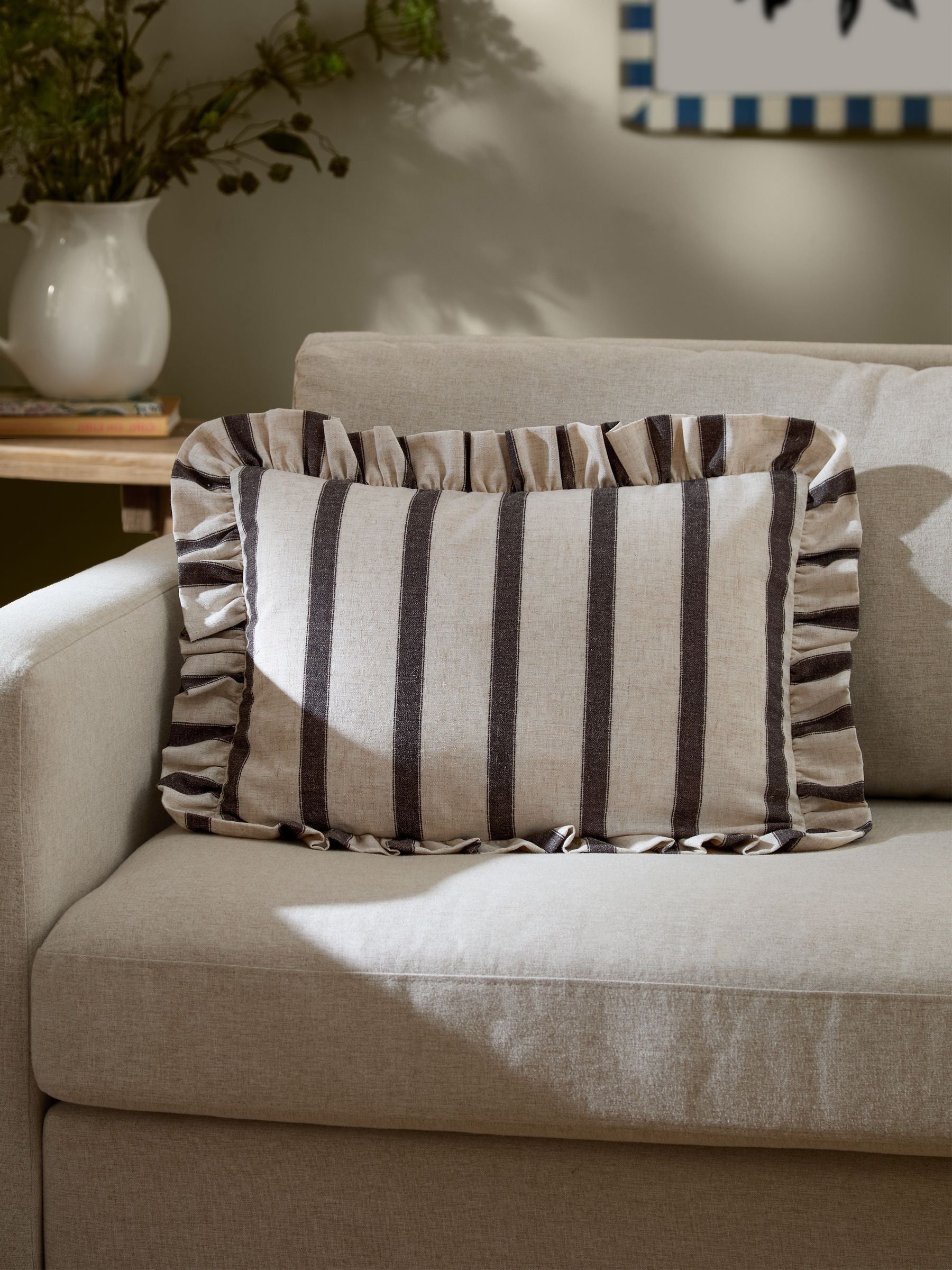 Wylder Moss Green Connie Stripe Ruffle Cushion 50cm x 35cm