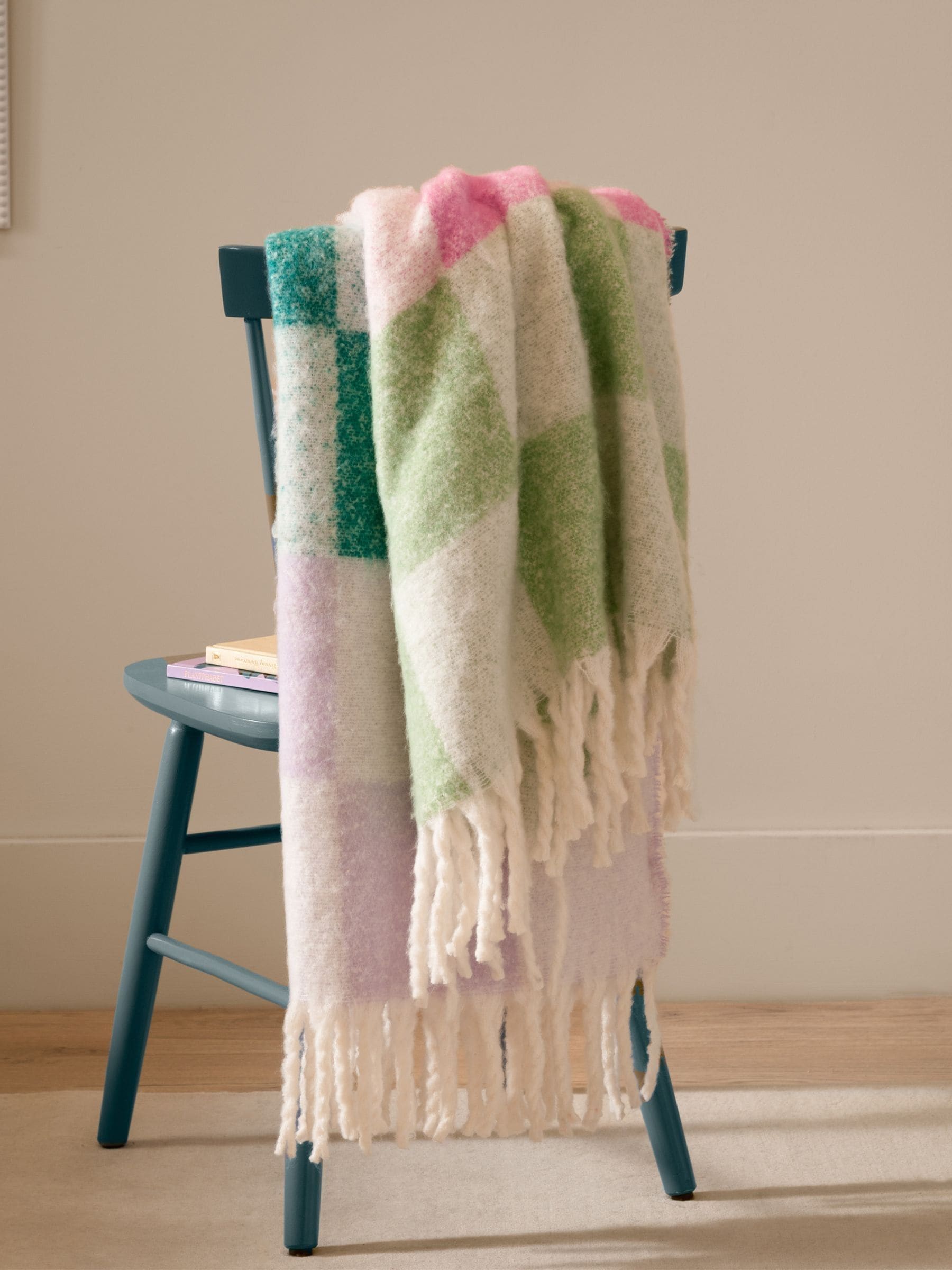 Furn Aqua Blossom Maisie checked tasselled throw - British product