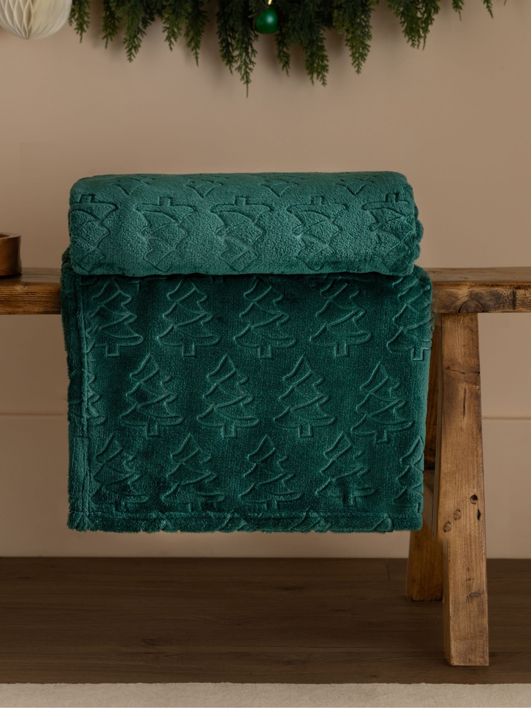 Furn Emerald Green Christmas Festive Trees Fleece Throw