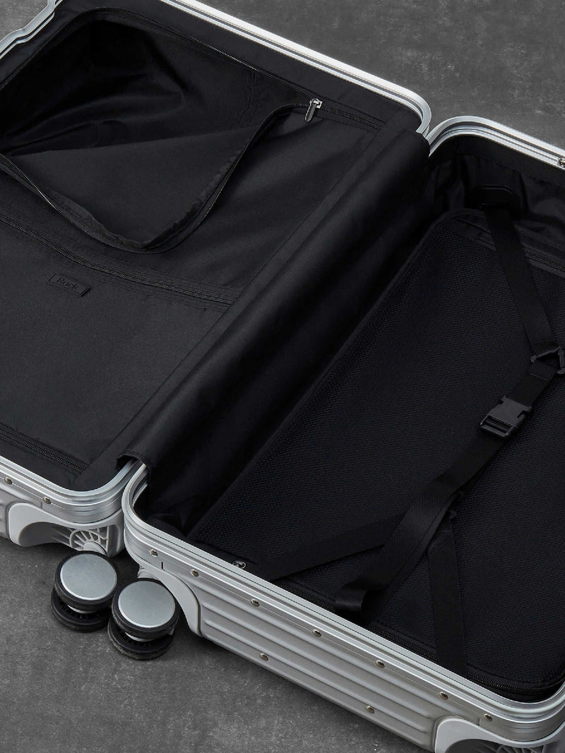 Rock Silver Axel aluminium cabin suitcase, British brand