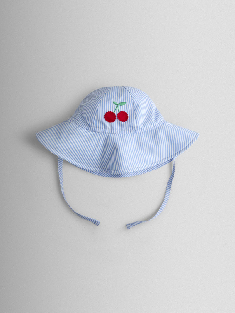 JoJo Maman Bébé blue cherry stripe floppy swim hat, UK version