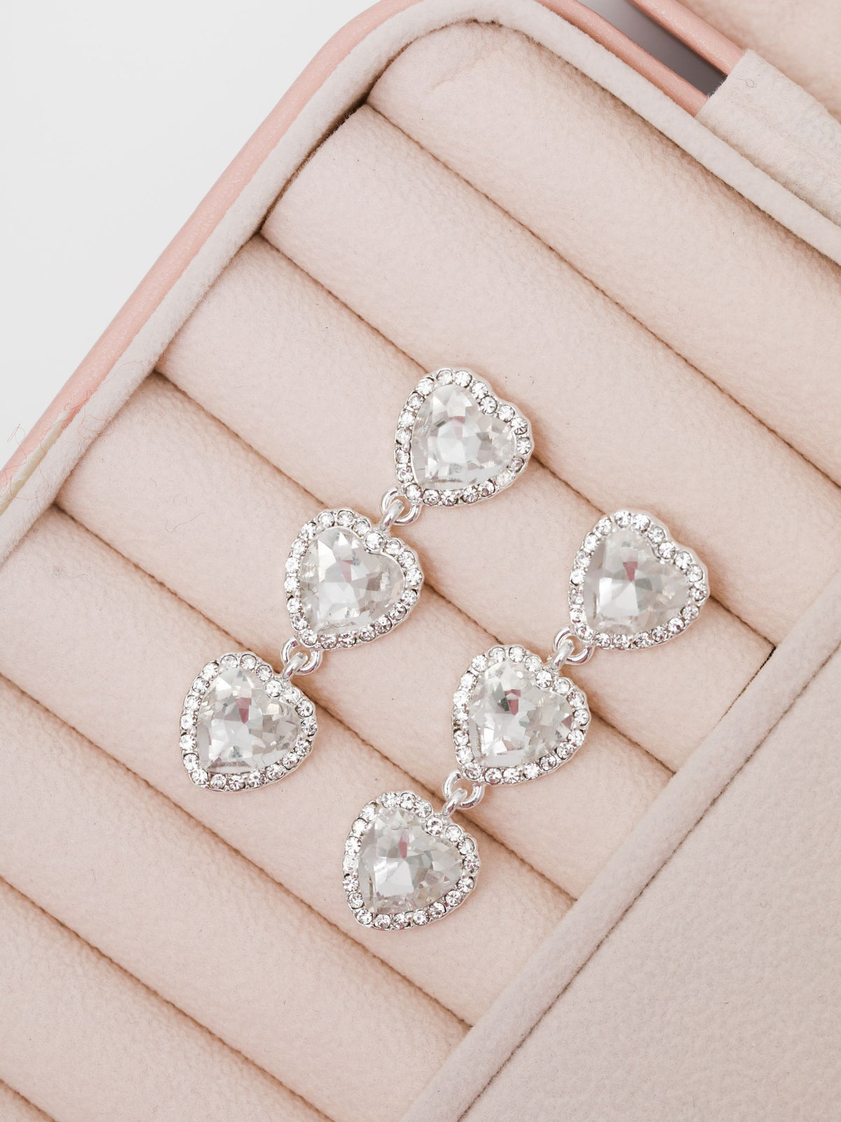 Silver-Tone Crystal Heart Triple Drop Statement Earrings with Post Back, 49mm Length