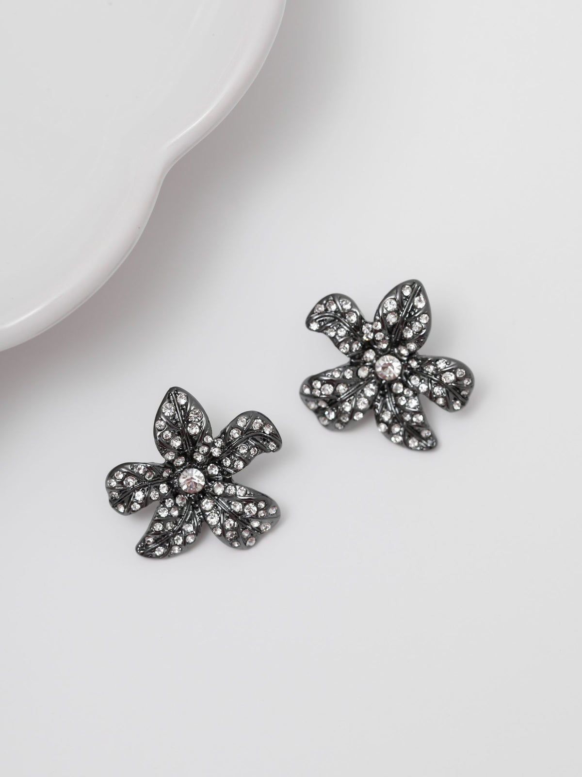 Hematite Crystal Floral Statement Stud Earrings 25mm x 24mm