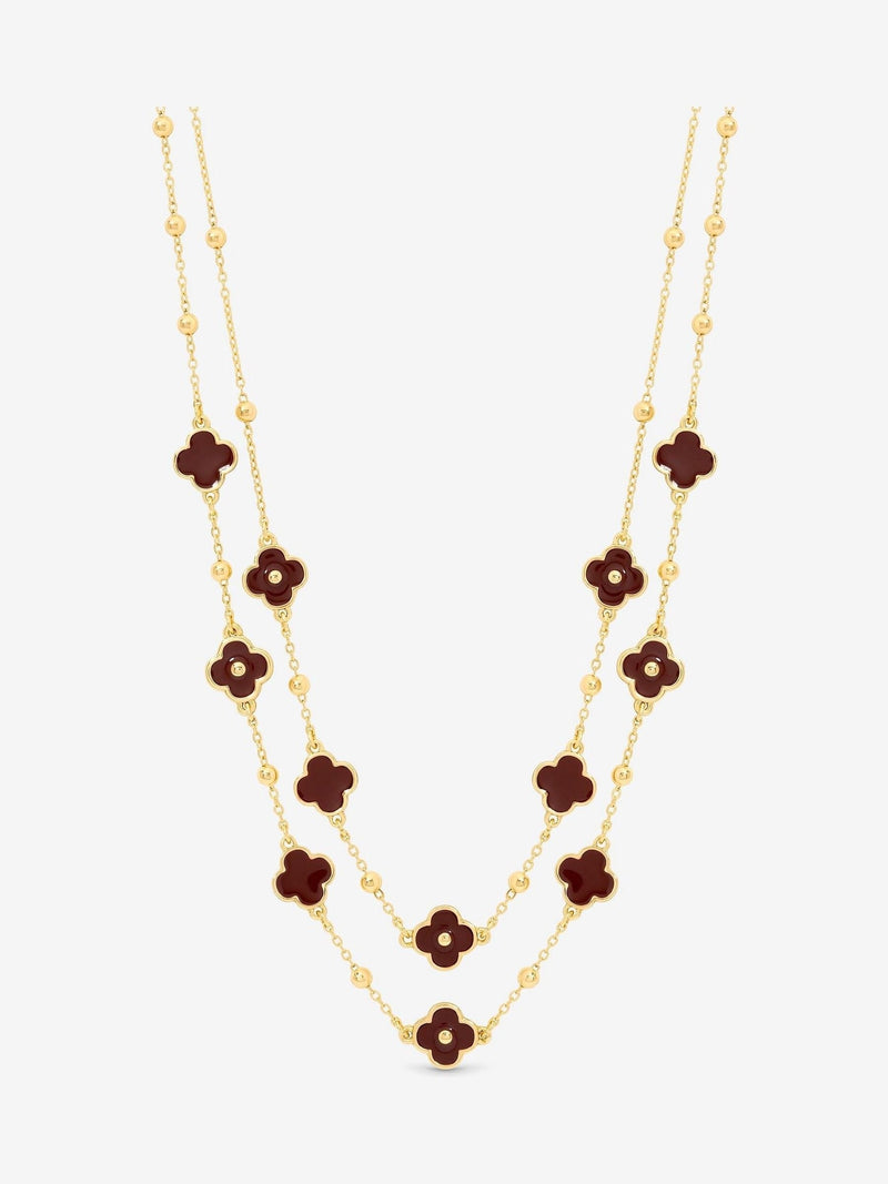 Gold Tone Polished Burgundy Clover Double Row Necklace