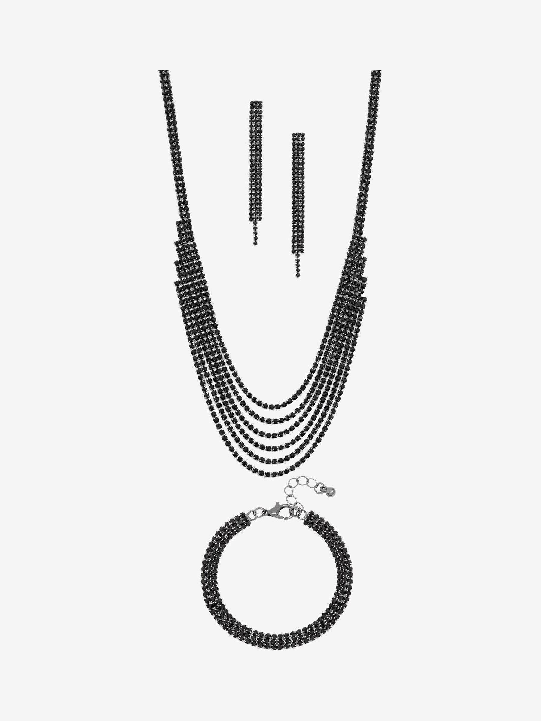 Jet Crystal Multirow 3-Piece Bracelet Set with Lobster Clasp