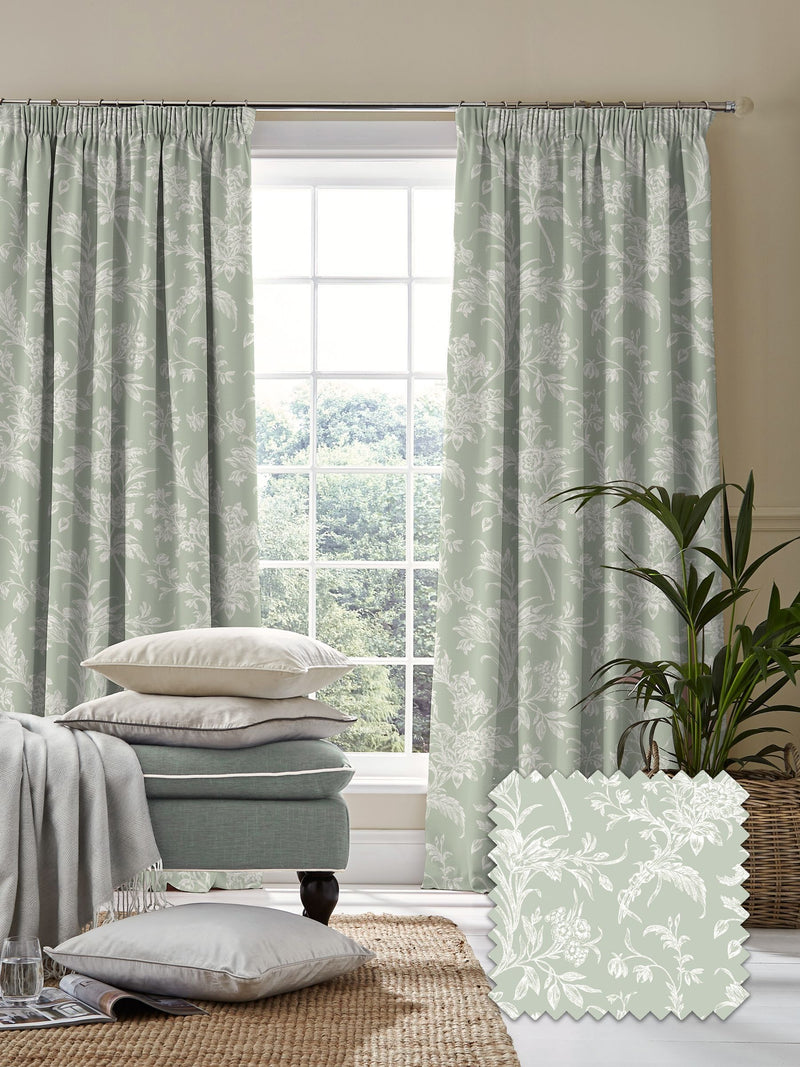 Laura Ashley sage green Lloyd pencil pleat curtains - British product