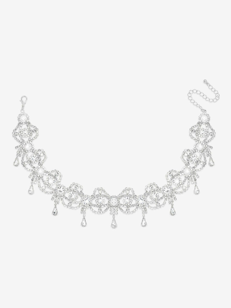 Silver Tone Crystal Bow Drop Statement Choker Necklace with Lobster Clasp, 330mm Length