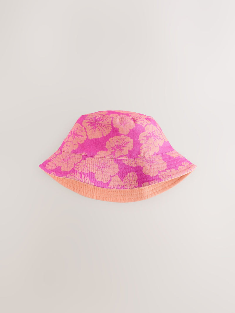 Hibiscus printed bucket hat pink purple reversible 3mths-16yrs (British brand)